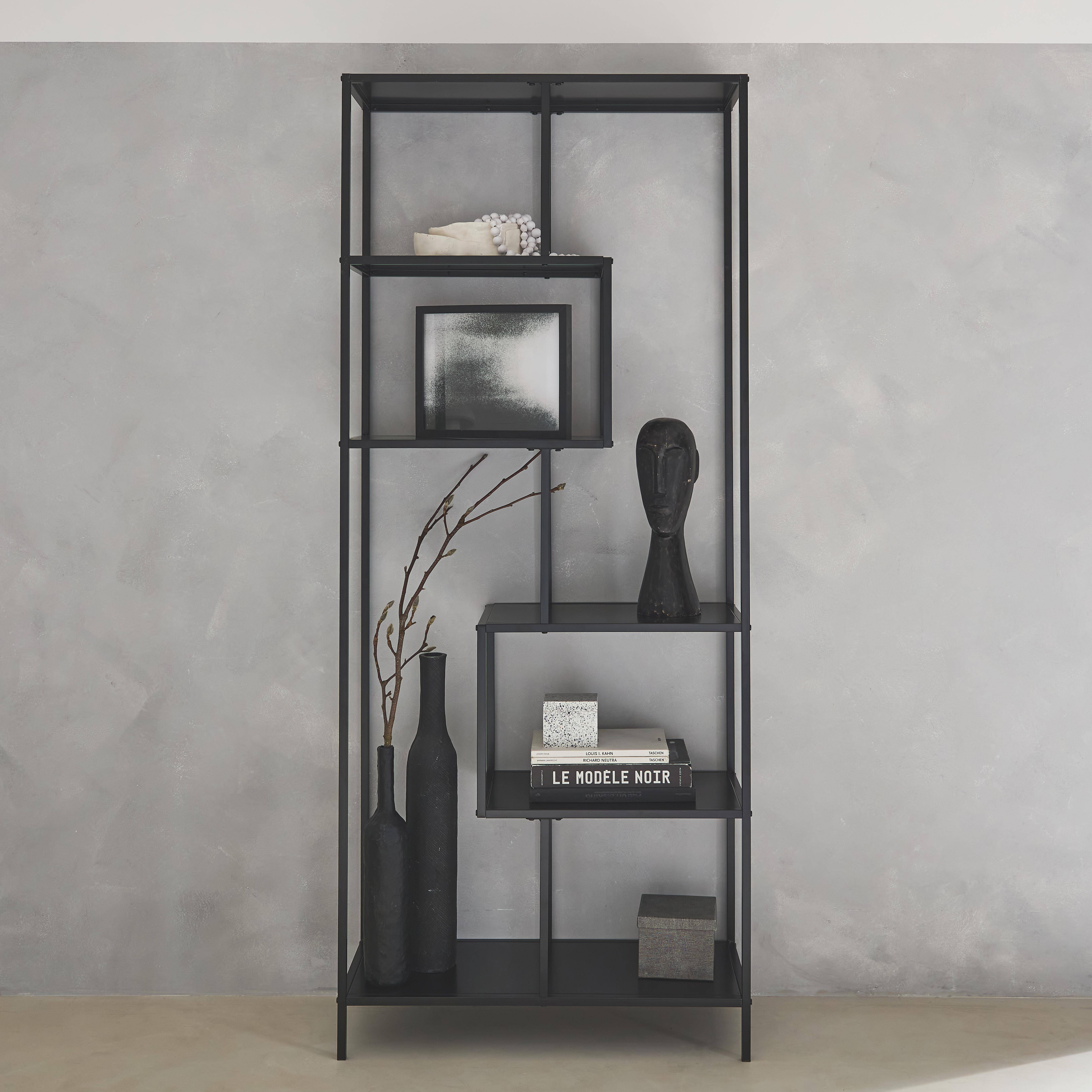 Boekenkast in zwart metaal, 6 niveaus, Industrielle, B 77 x D 33 x H 185cm Photo2