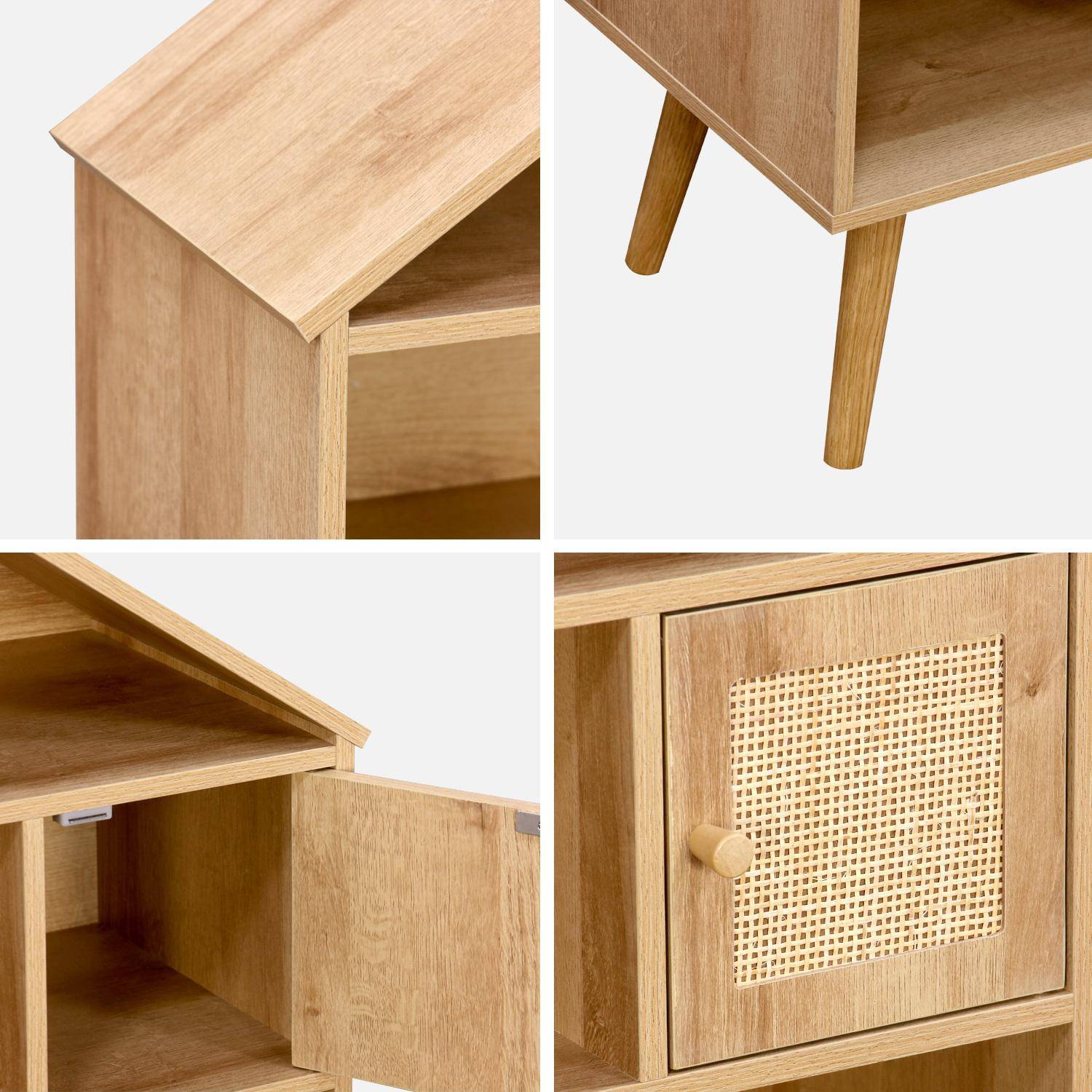 Wood-effect bookshelf for kids, pine legs, 7 compartments and 2 cane doors,sweeek,Photo4