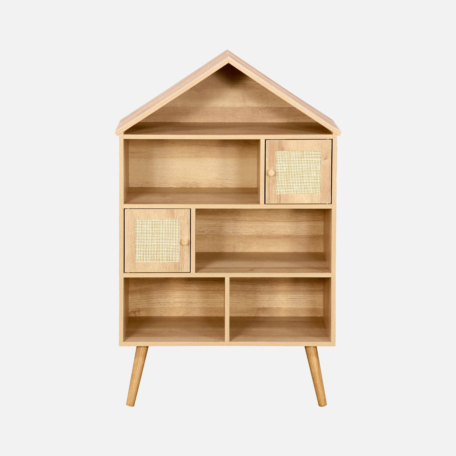 Wood-effect bookshelf for kids, pine legs, 7 compartments and 2 cane doors,sweeek,Photo2