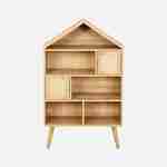 Libreria effetto legno, gambe in legno di pino, 7 scomparti e 2 ante in canna Photo2
