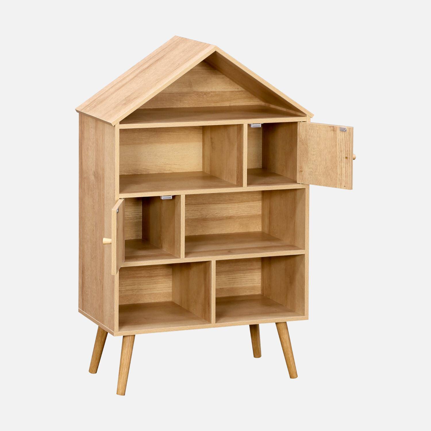 Wood-effect bookshelf for kids, pine legs, 7 compartments and 2 cane doors,sweeek,Photo3
