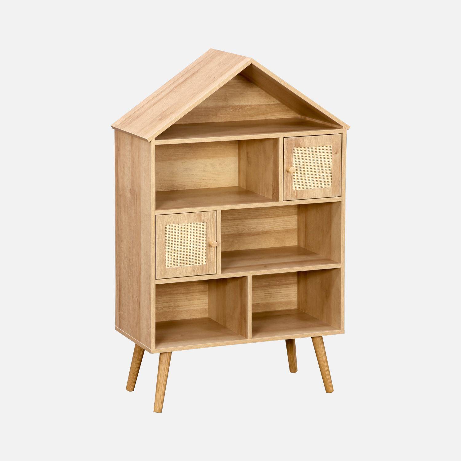 Wood-effect bookshelf for kids, pine legs, 7 compartments and 2 cane doors,sweeek,Photo1