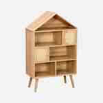 Wood-effect bookshelf for kids, pine legs, 7 compartments and 2 cane doors Photo1