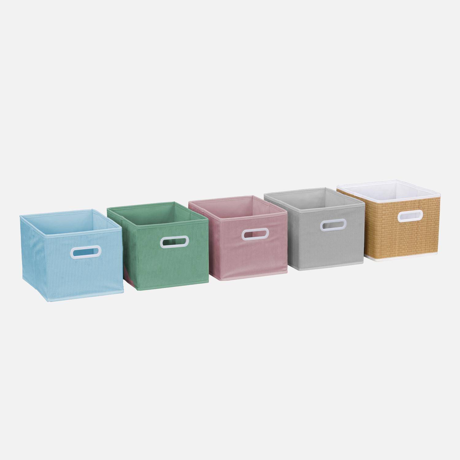 Storage unit for children with 7 compartments and 3 blue and 3 grey velvet baskets,sweeek,Photo4