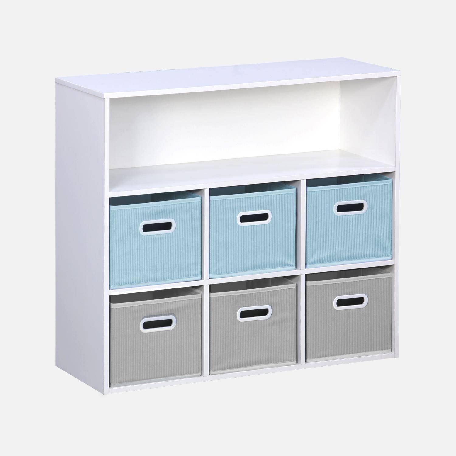 Storage unit for children with 7 compartments and 3 blue and 3 grey velvet baskets,sweeek,Photo1