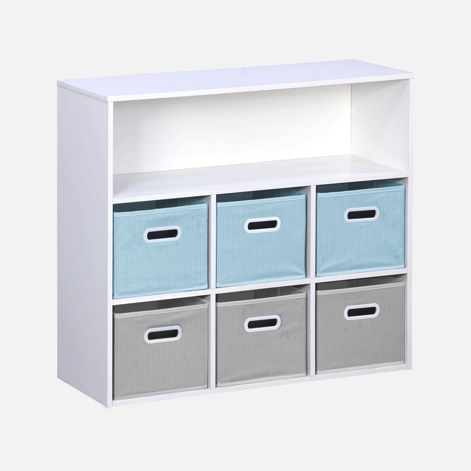 Meuble de rangement pour enfant avec 7 compartiments et 3 paniers bleus et 3 paniers gris en velours ,sweeek,Photo3