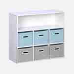 Storage unit for children with 7 compartments and 3 blue and 3 grey velvet baskets Photo1