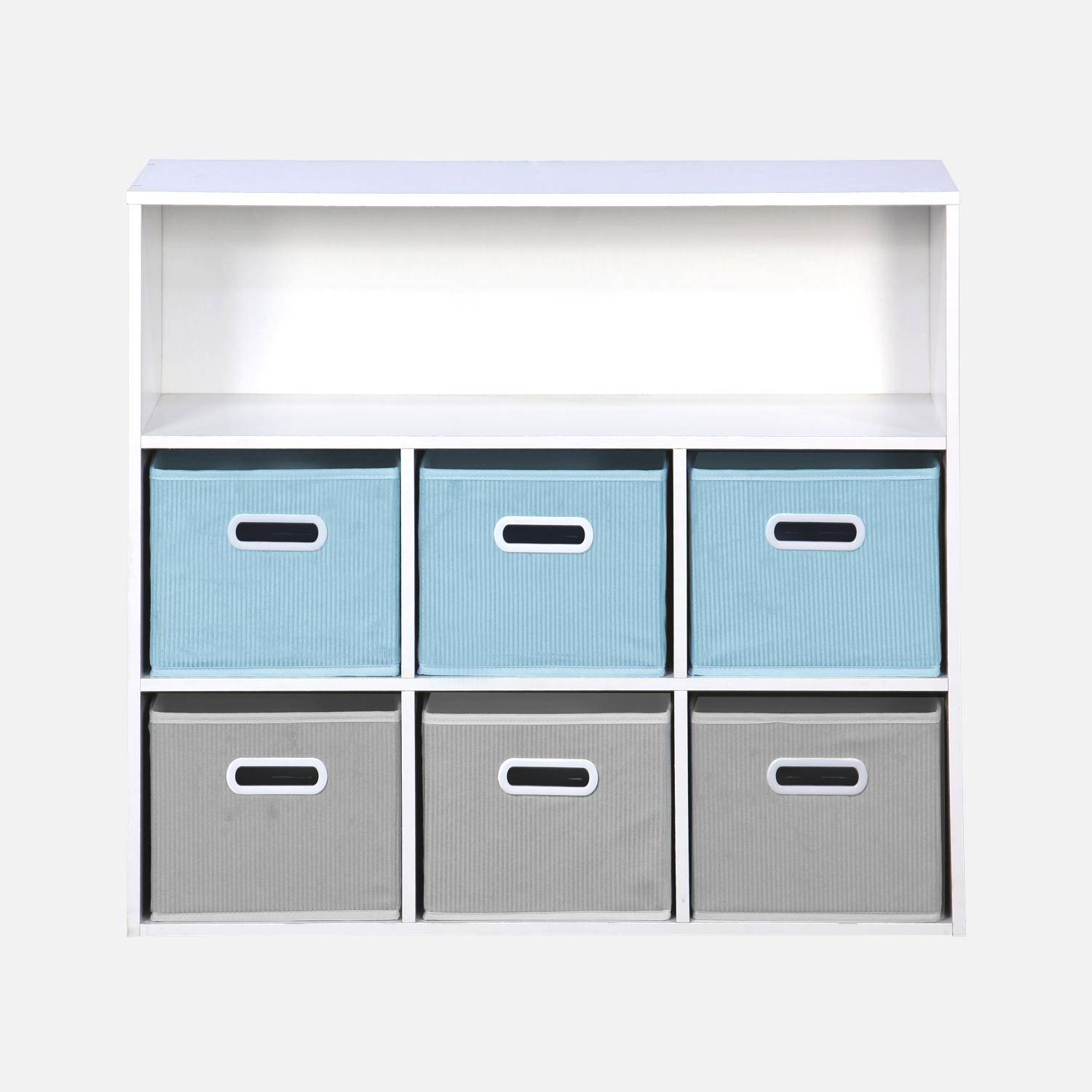 Meuble de rangement pour enfant avec 7 compartiments et 3 paniers bleus et 3 paniers gris en velours  Photo4