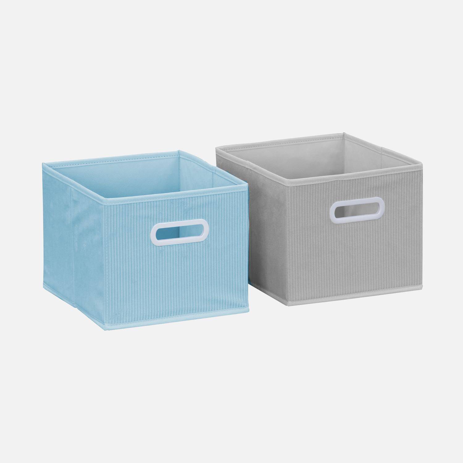 Storage unit for children with 7 compartments and 3 blue and 3 grey velvet baskets,sweeek,Photo3