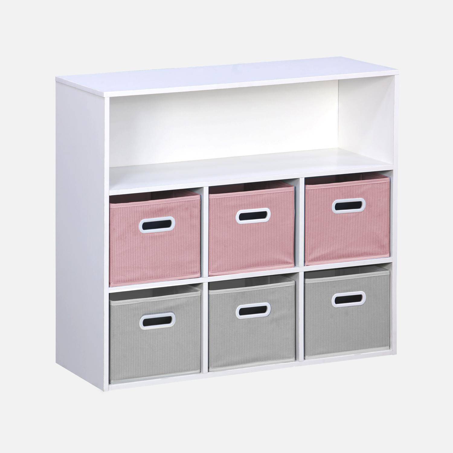 Mueble de almacenaje para niños con 7 compartimentos y 3 cestas rosas y 3 cestas grises,sweeek,Photo1