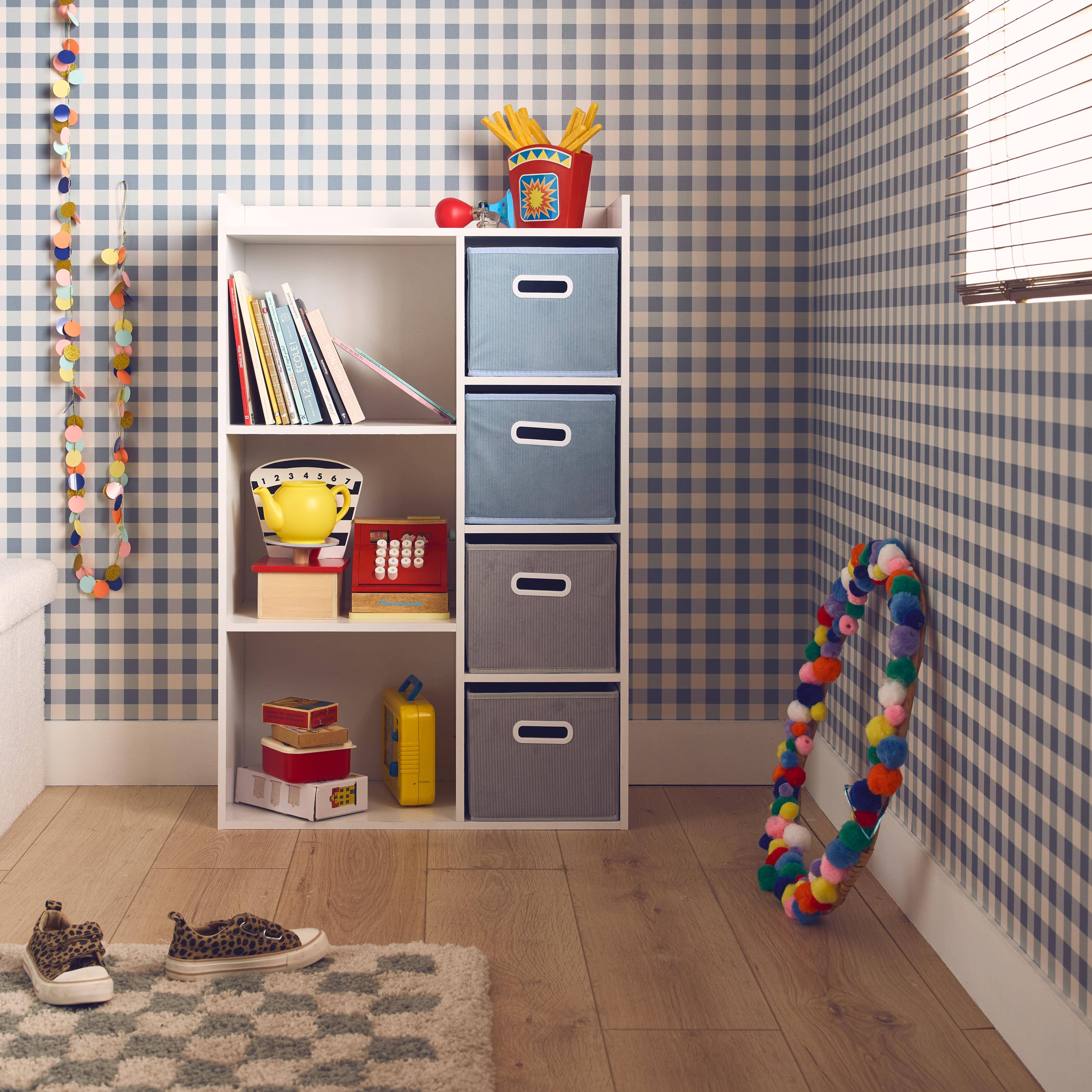 Meuble de rangement pour enfant avec 7 compartiments, 2 paniers bleus et 2 paniers gris  Photo1
