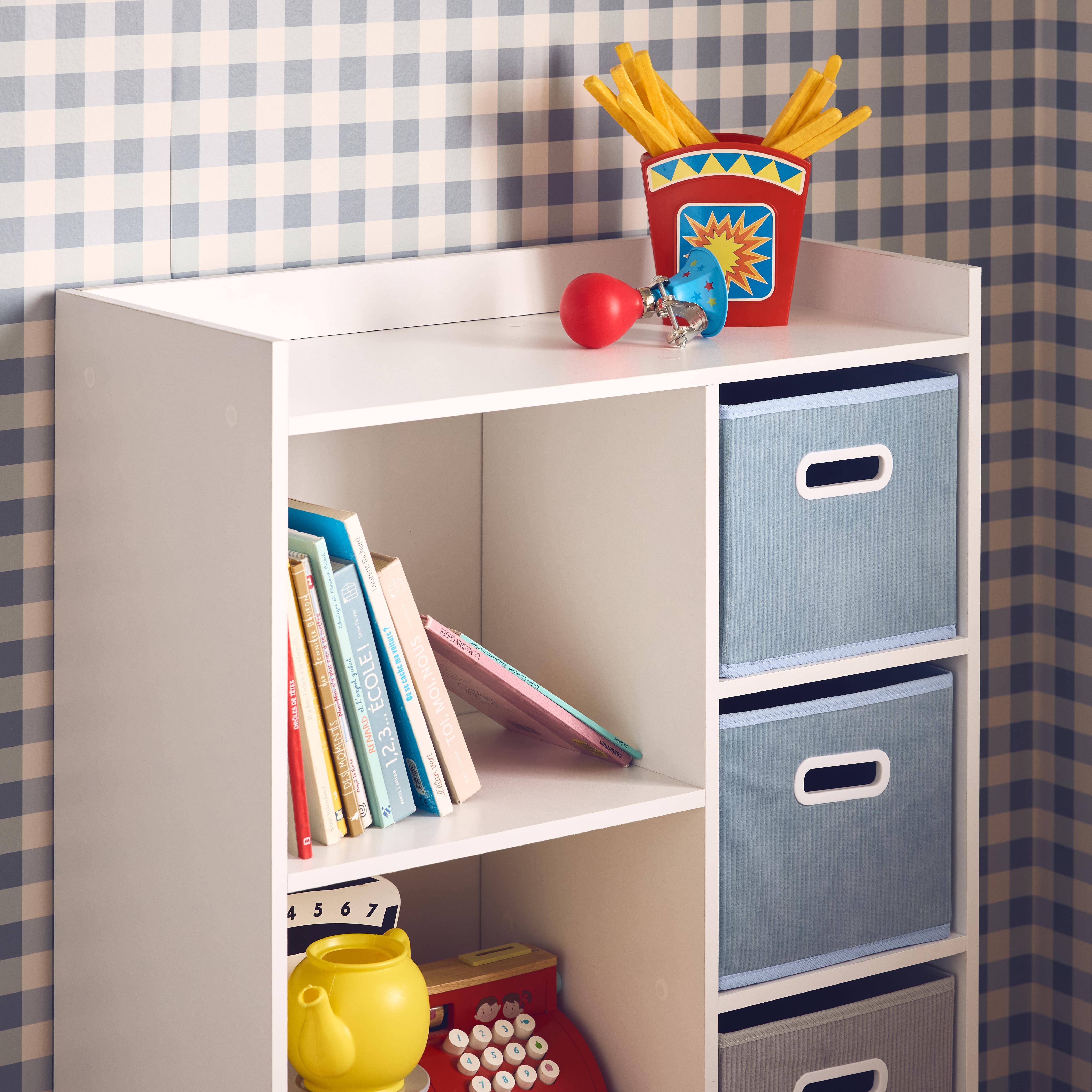 Meuble de rangement pour enfant avec 7 compartiments, 2 paniers bleus et 2 paniers gris  Photo2