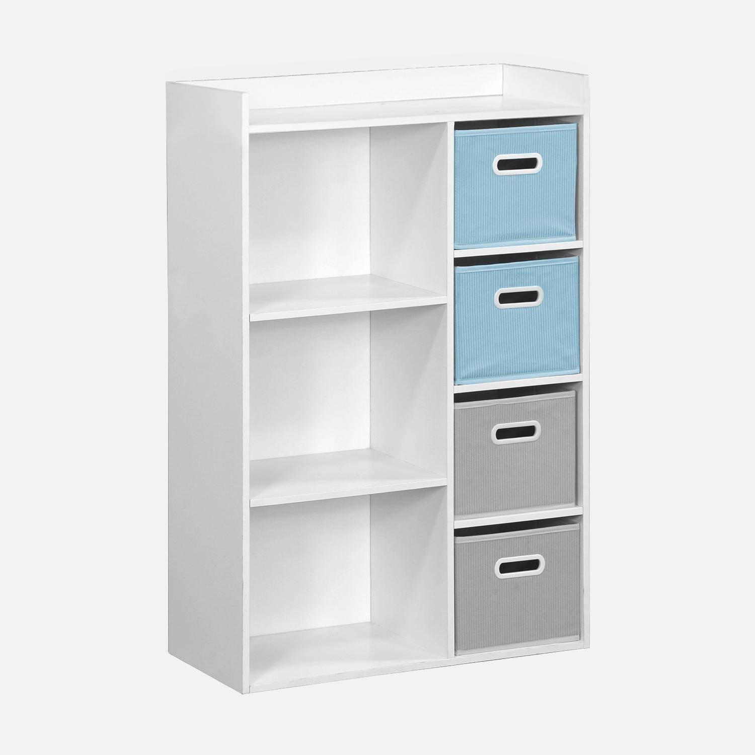 Storage unit for children with 7 compartments and 2 blue and 2 grey velvet baskets,sweeek,Photo1