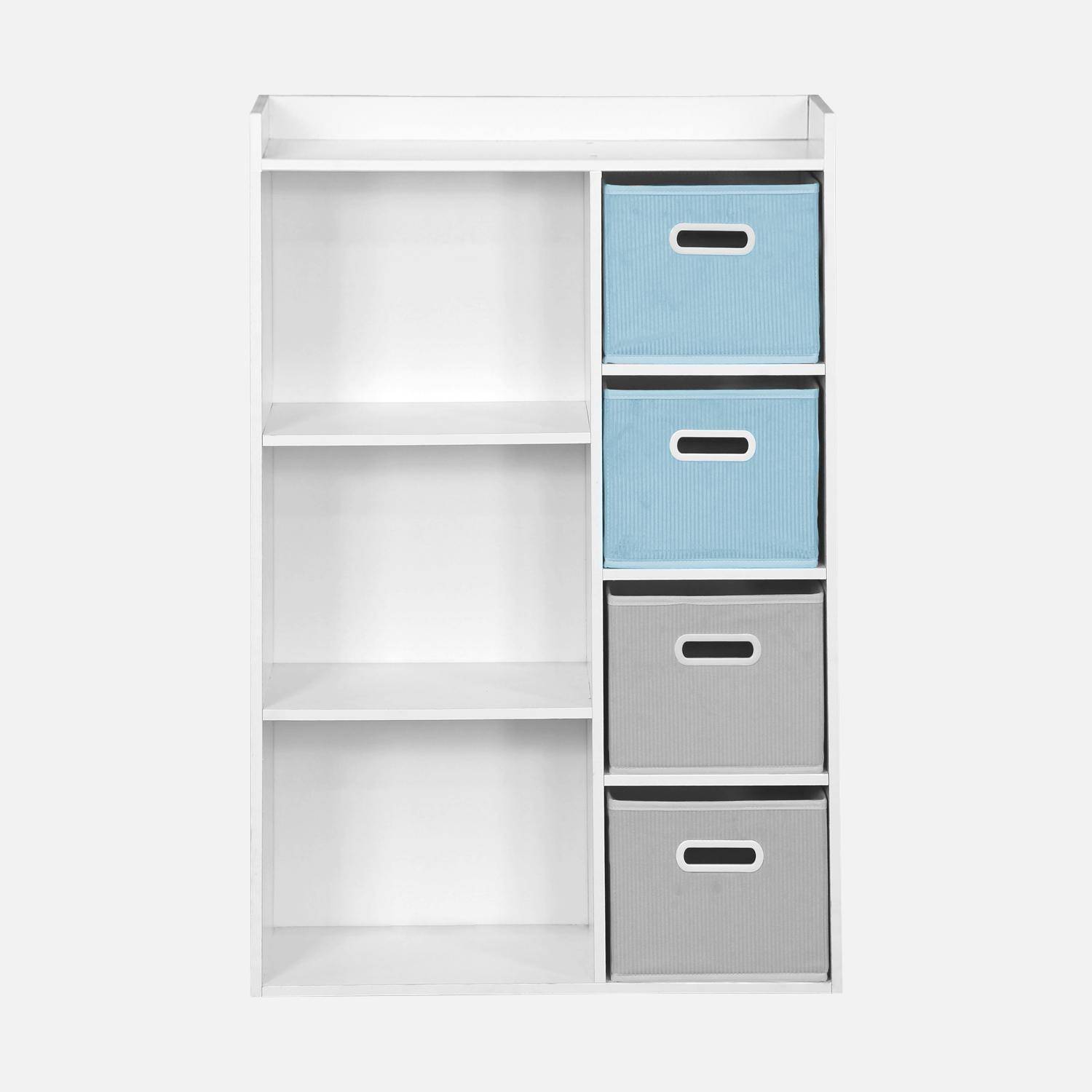 Storage unit for children with 7 compartments and 2 blue and 2 grey velvet baskets,sweeek,Photo2