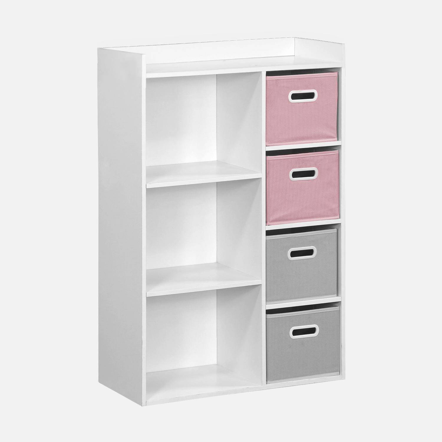 Storage unit for children with 7 compartments and 2 pink and 2 grey velvet baskets Photo1
