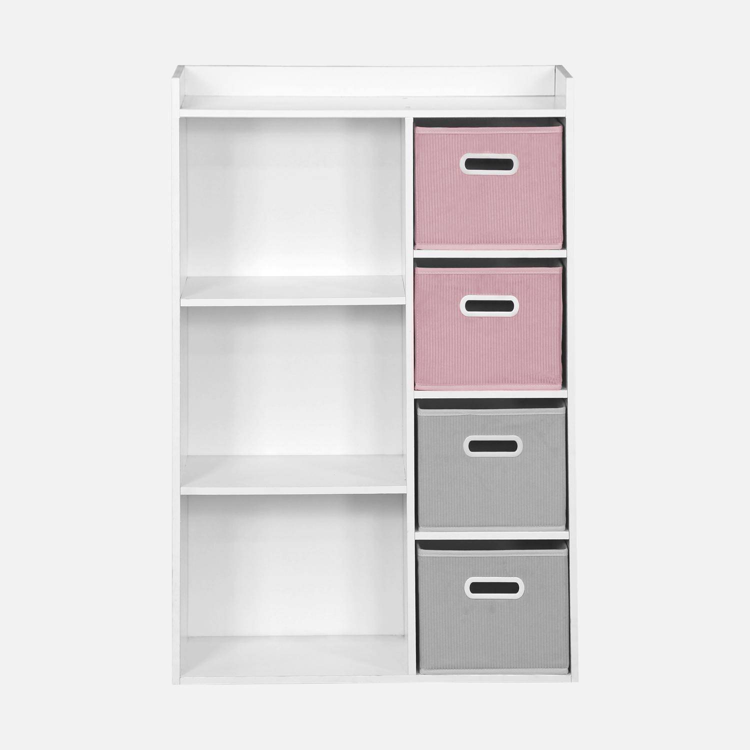 Storage unit for children with 7 compartments and 2 pink and 2 grey velvet baskets,sweeek,Photo2