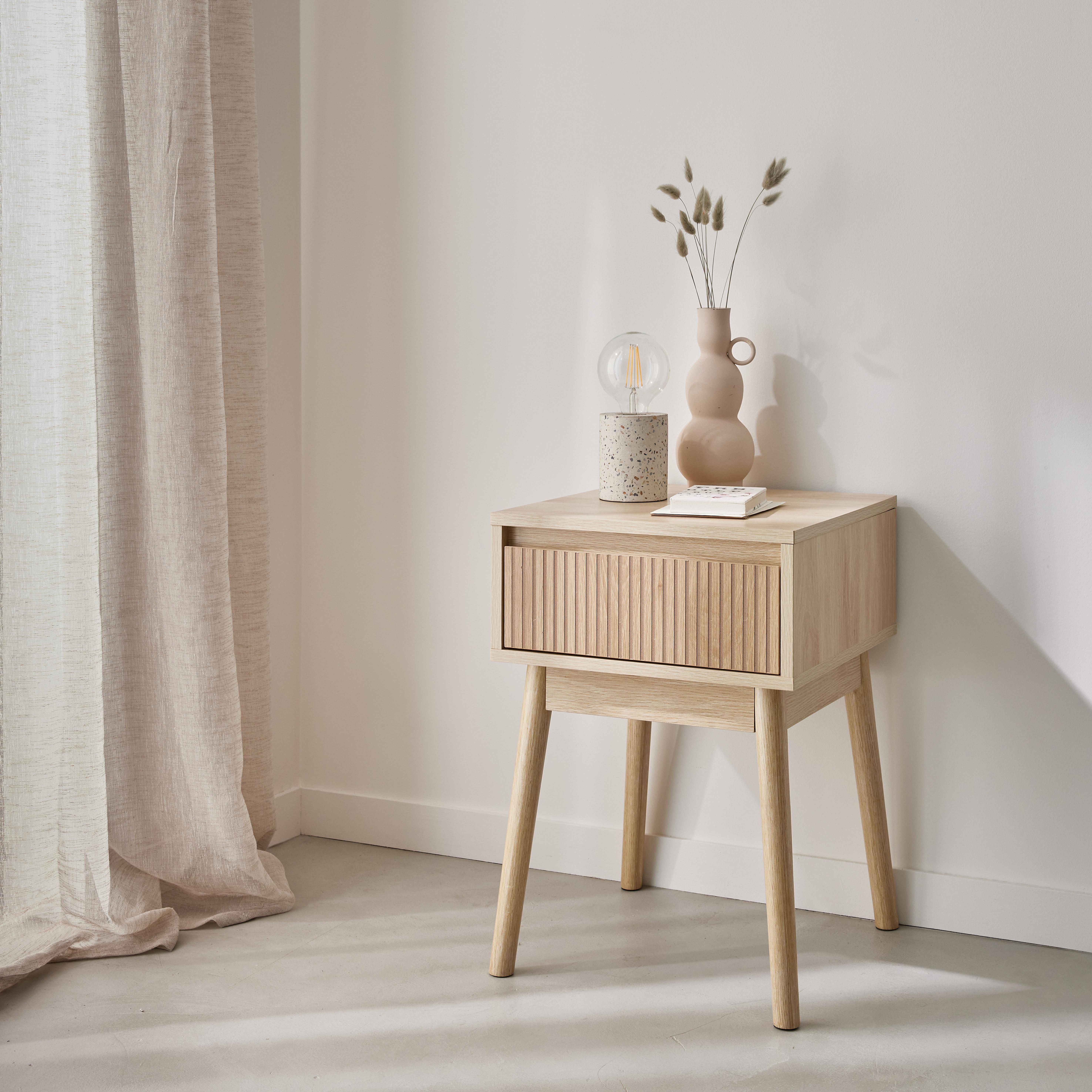 Bedside table with one drawer. Natural colour laminate panels. Fir wood legs.  W 39 x 39 x H 55.4cm LINEAR Photo2