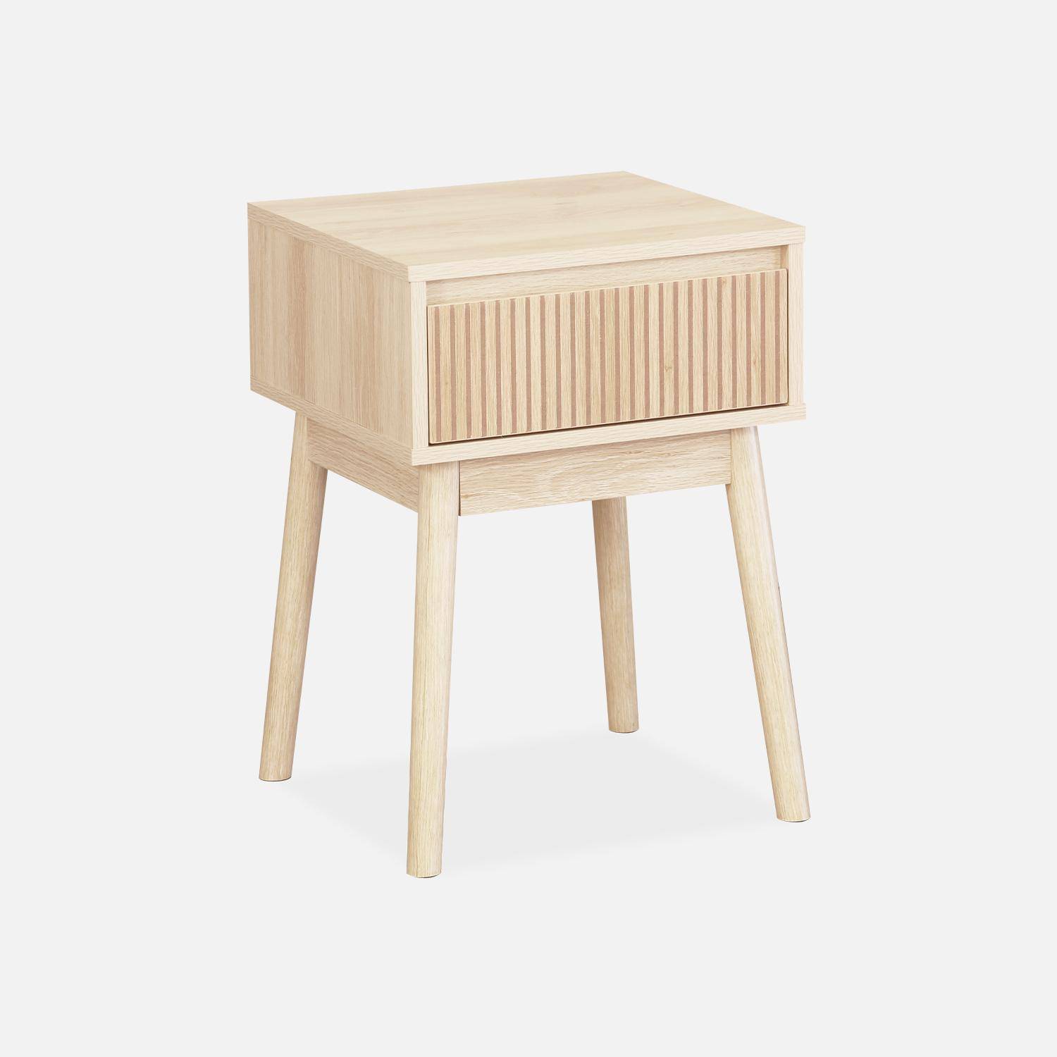 Bedside table with one drawer. Natural colour laminate panels. Fir wood legs.  W 39 x 39 x H 55.4cm LINEAR,sweeek,Photo4