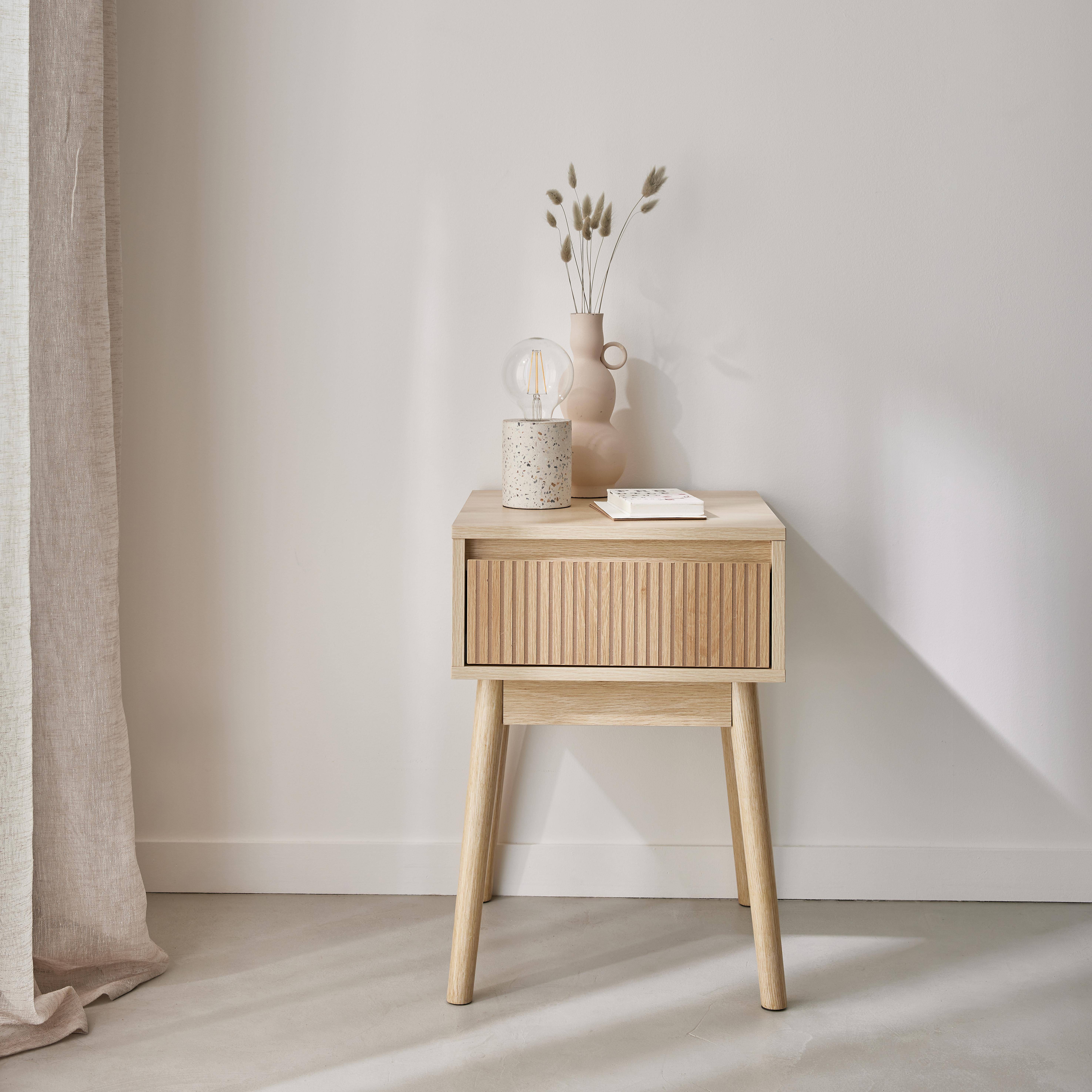 Bedside table with one drawer. Natural colour laminate panels. Fir wood legs.  W 39 x 39 x H 55.4cm LINEAR Photo1