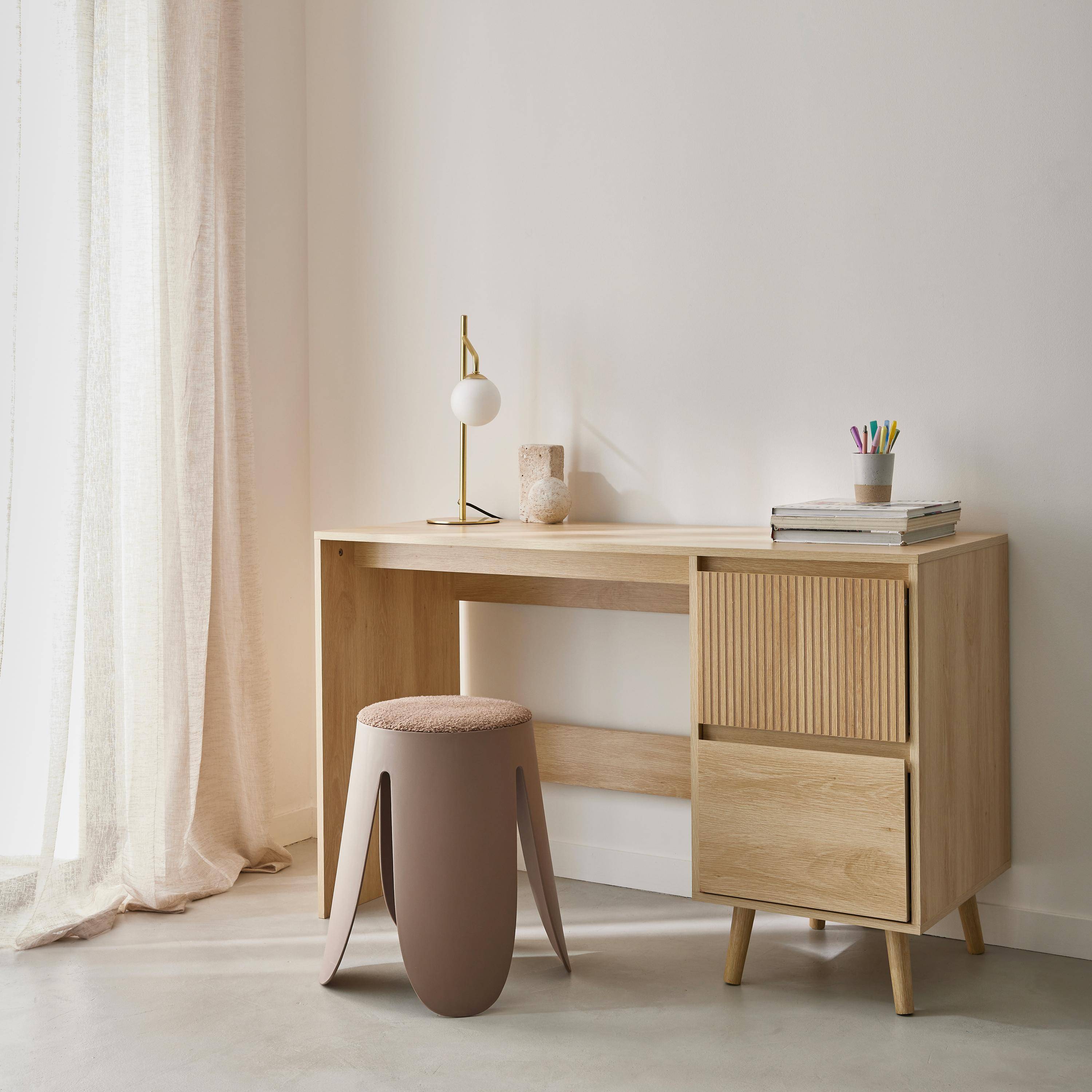 Scandinavian desk wood decor 2 drawers, Linear, Natural, 120x48x75 cm Photo2