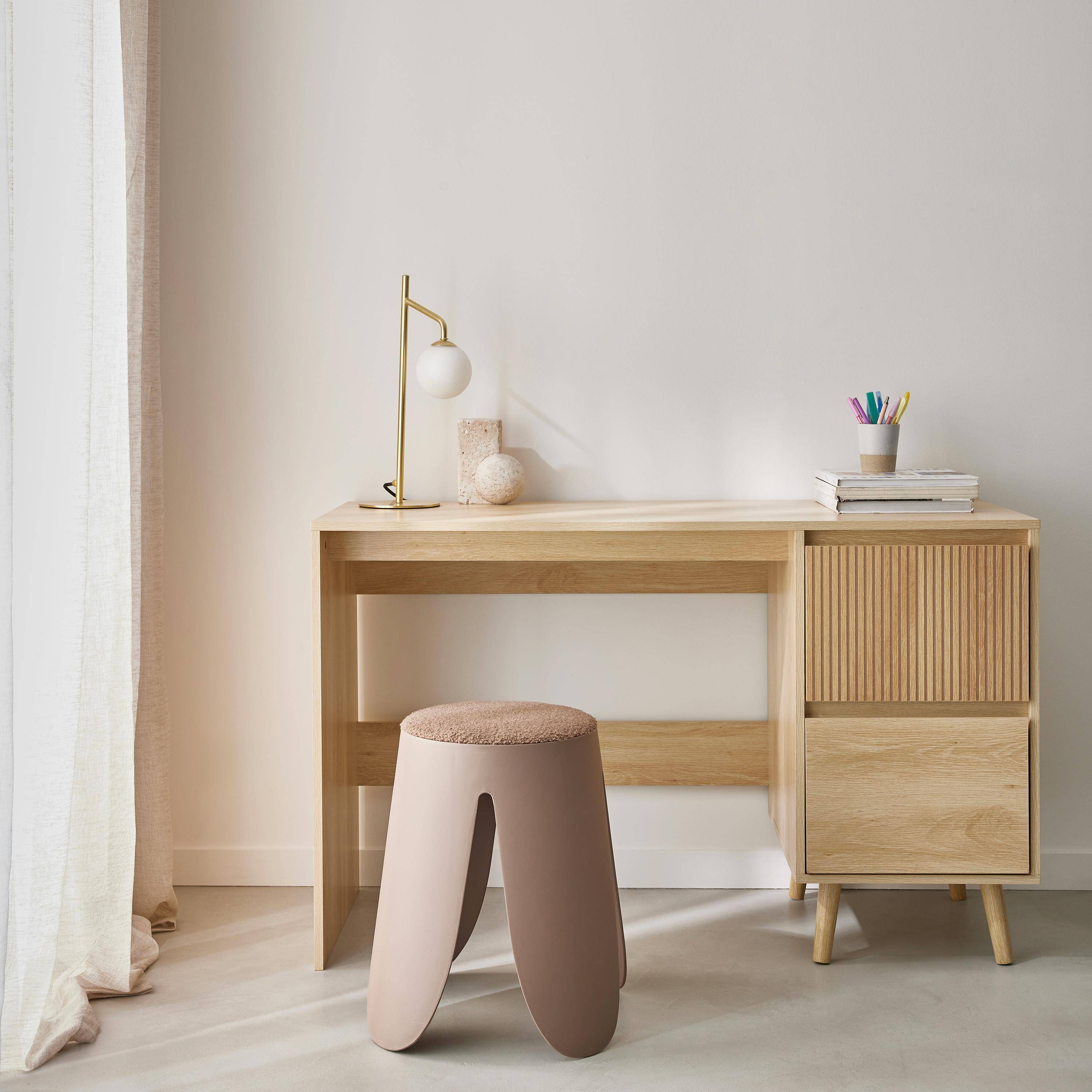Scandinavian desk wood decor 2 drawers, Linear, Natural, 120x48x75 cm Photo1