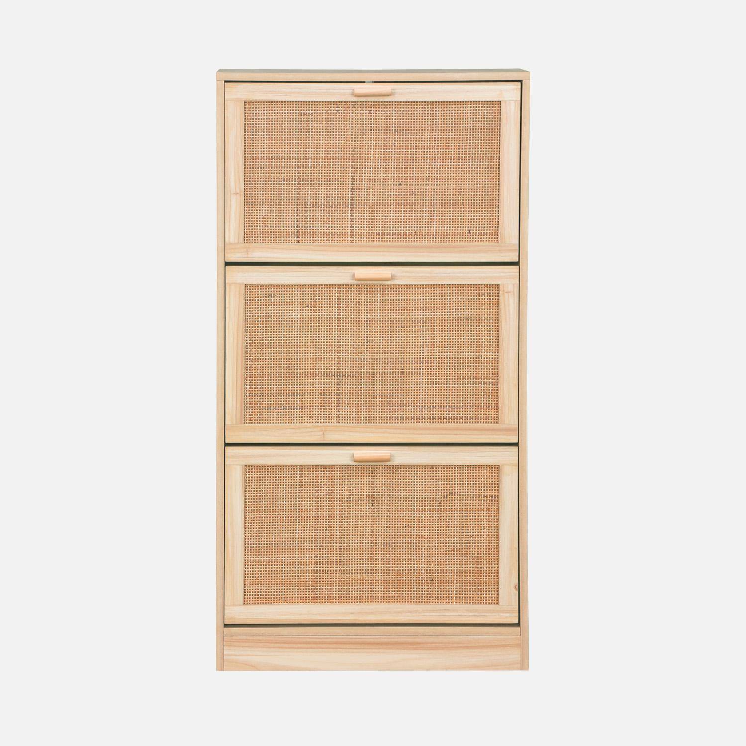 Mueble zapatero de 3 puertas con decoración de caña y madera, Camargue, Natural, 60x24x118 cm,sweeek,Photo4