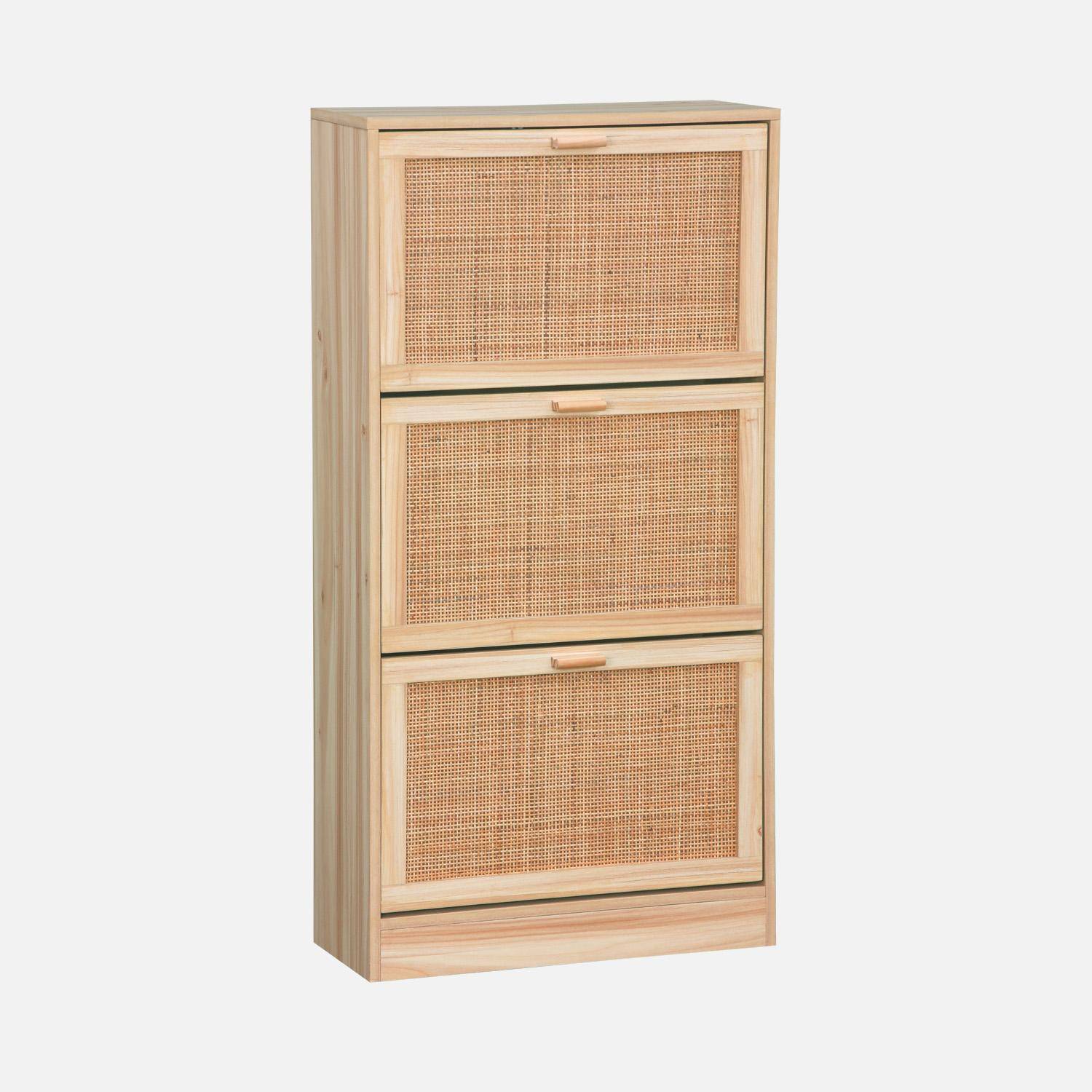 Mueble zapatero de 3 puertas con decoración de caña y madera, Camargue, Natural, 60x24x118 cm,sweeek,Photo3