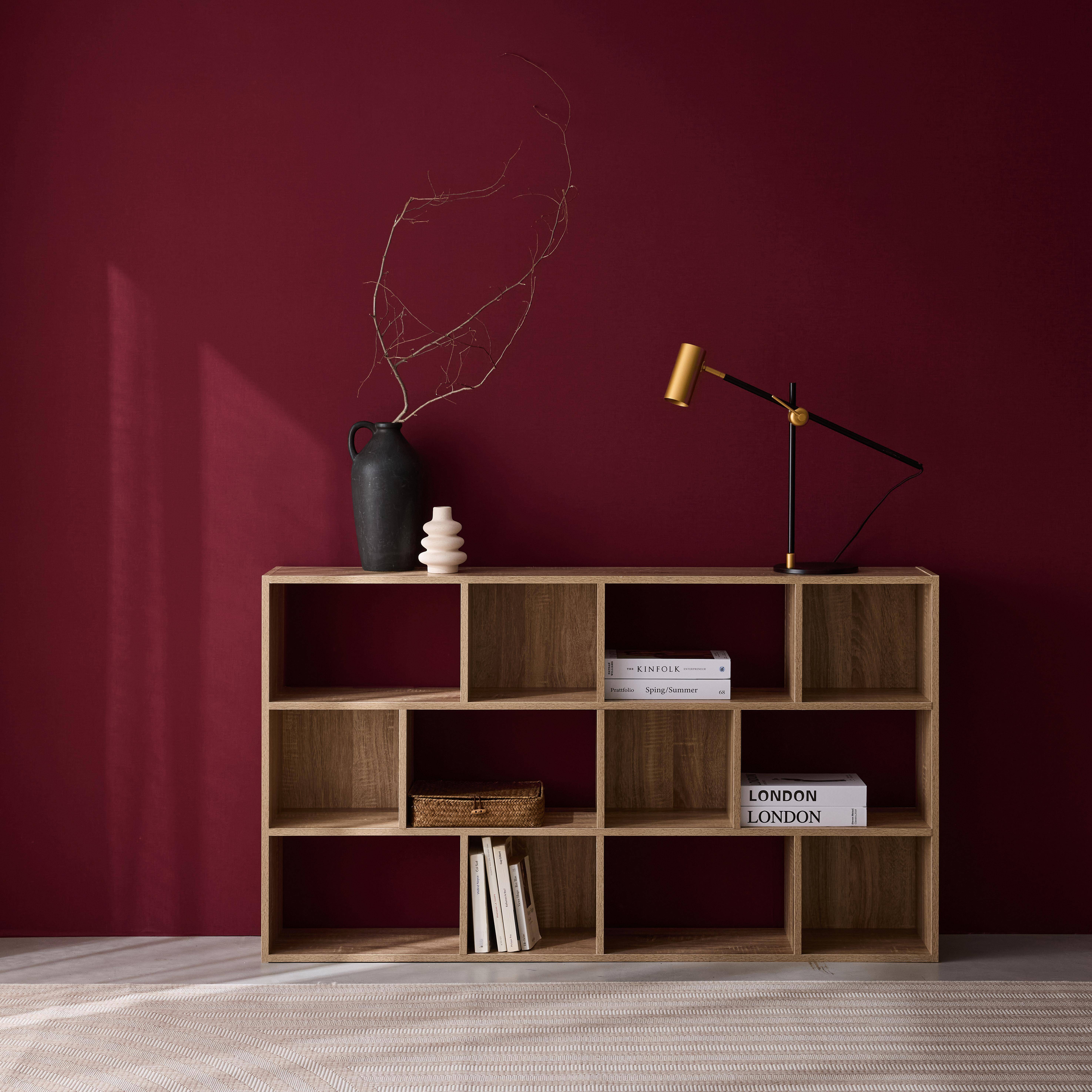 Boekenkast met natuurlijk houtkleur, asymmetrisch design, Pieter, 3 planken, 12 opbergvakken Photo1