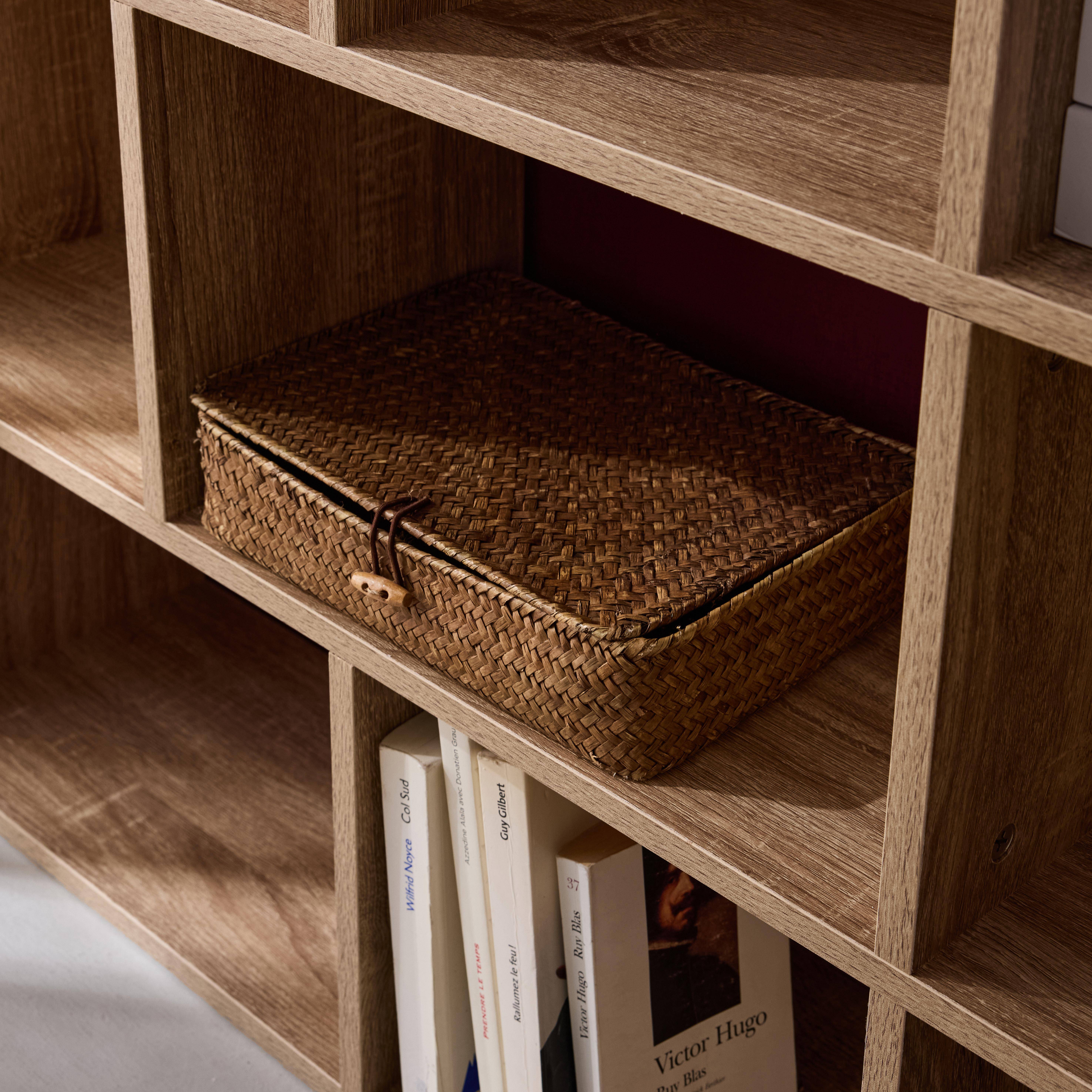 Boekenkast met natuurlijk houtkleur, asymmetrisch design, Pieter, 3 planken, 12 opbergvakken Photo2