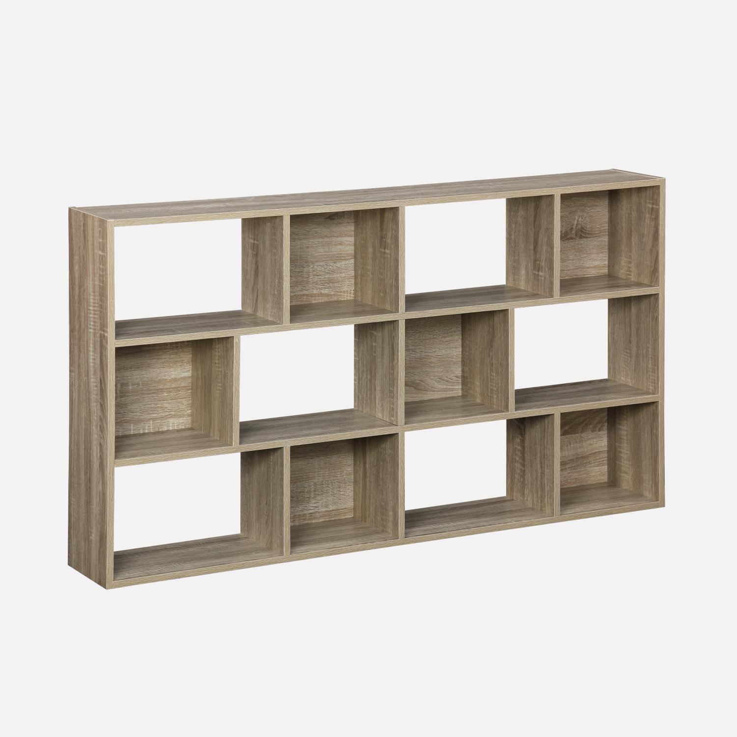 Boekenkast met natuurlijk houtkleur, asymmetrisch design, Pieter, 3 planken, 12 opbergvakken Photo5