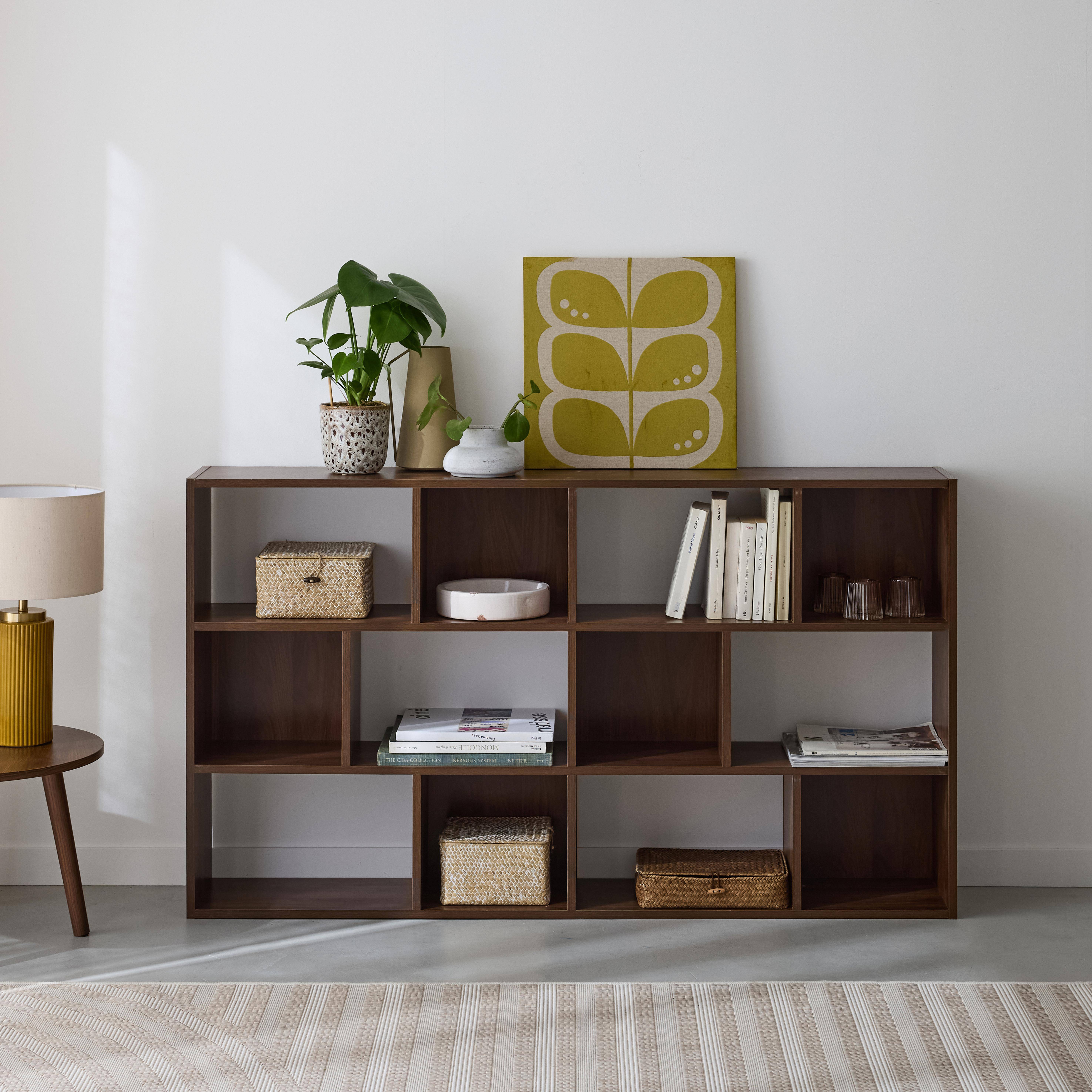 Asymmetrische walnoot kleurige design boekenkast, Pieter, 3 planken, 12 opbergvakken,sweeek,Photo1