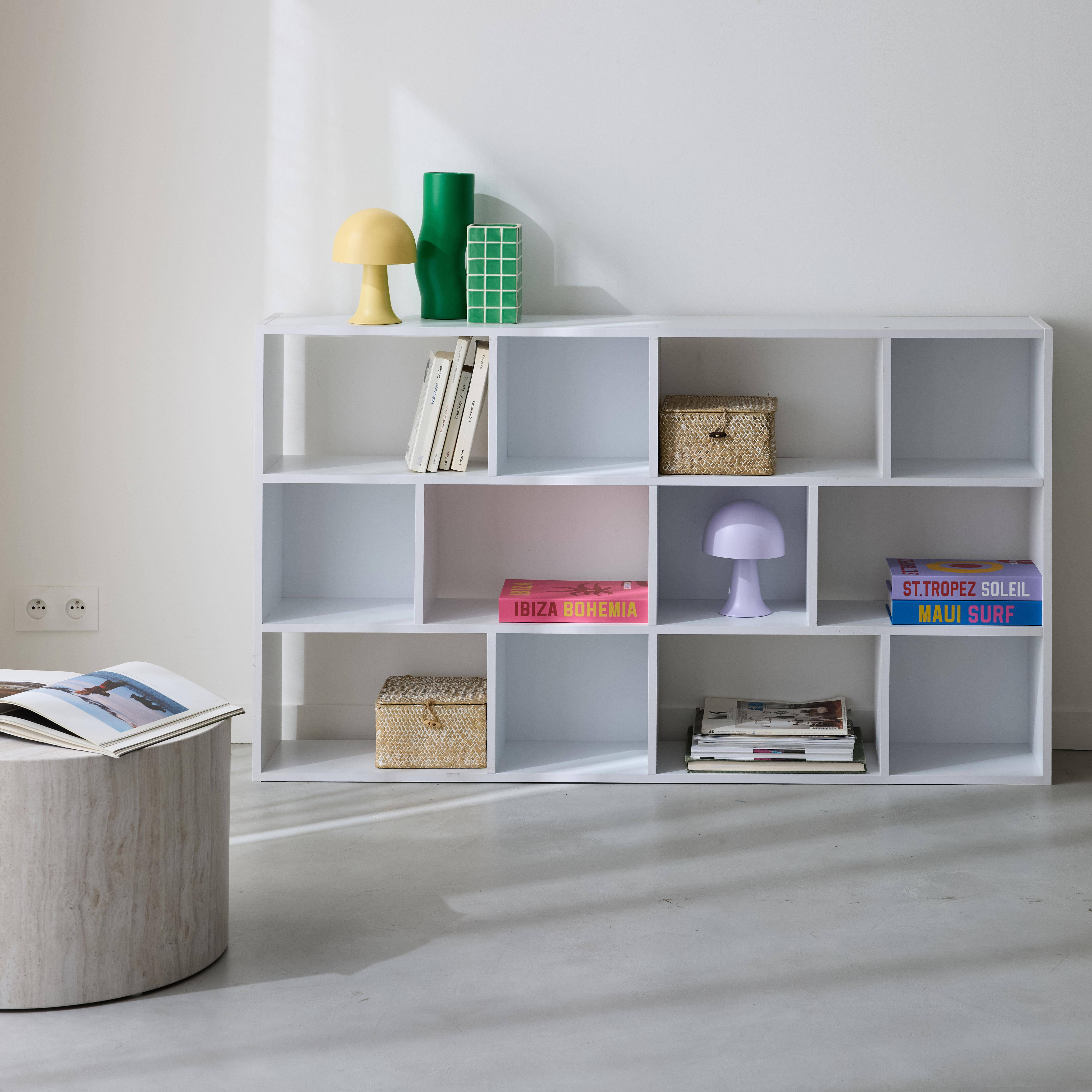 Witte boekenkast met asymmetrisch design, Pieter, 3 planken, 12 opbergvakken Photo1