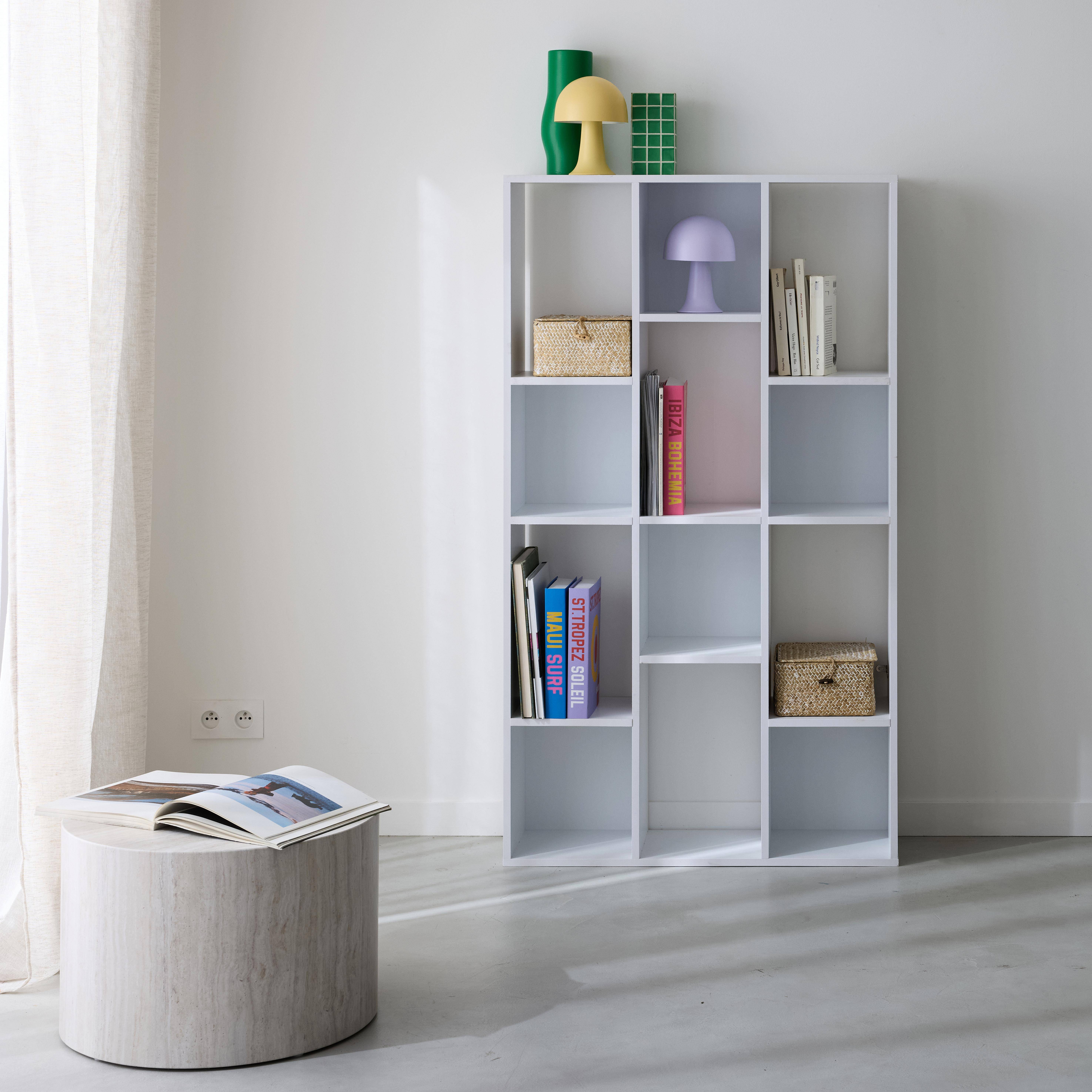 Witte boekenkast met asymmetrisch design, Pieter, 3 planken, 12 opbergvakken Photo2