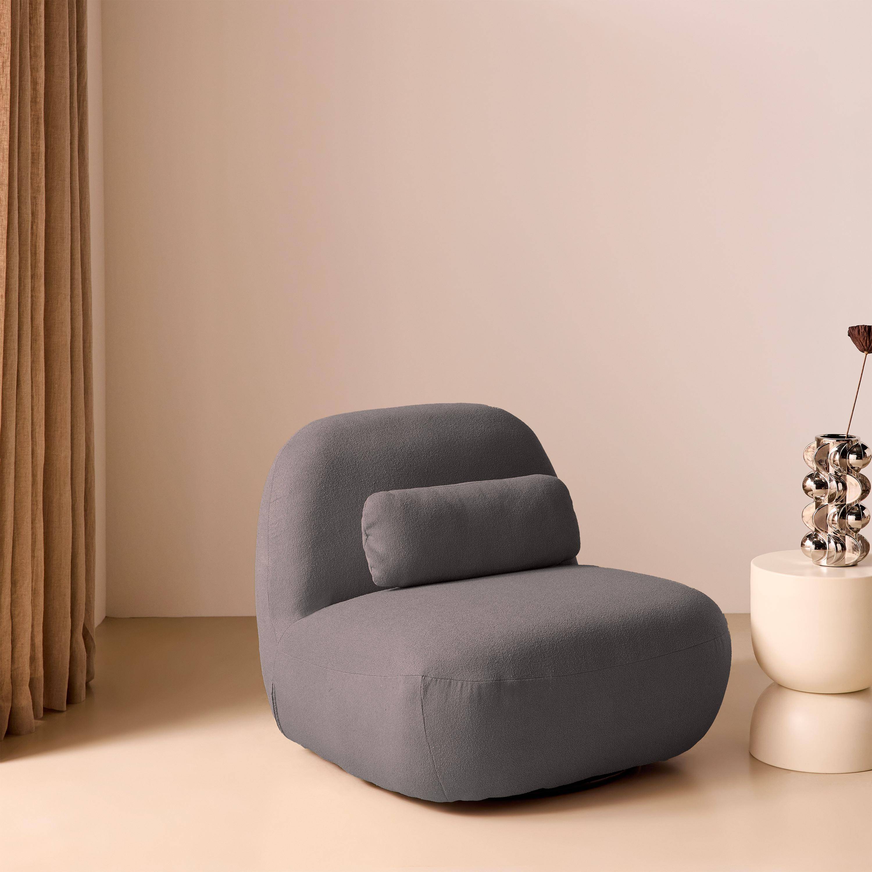 Fauteuil pivotant 360° en bouclette texturée gris souris, piètement en métal noir mat - SPINO Photo3