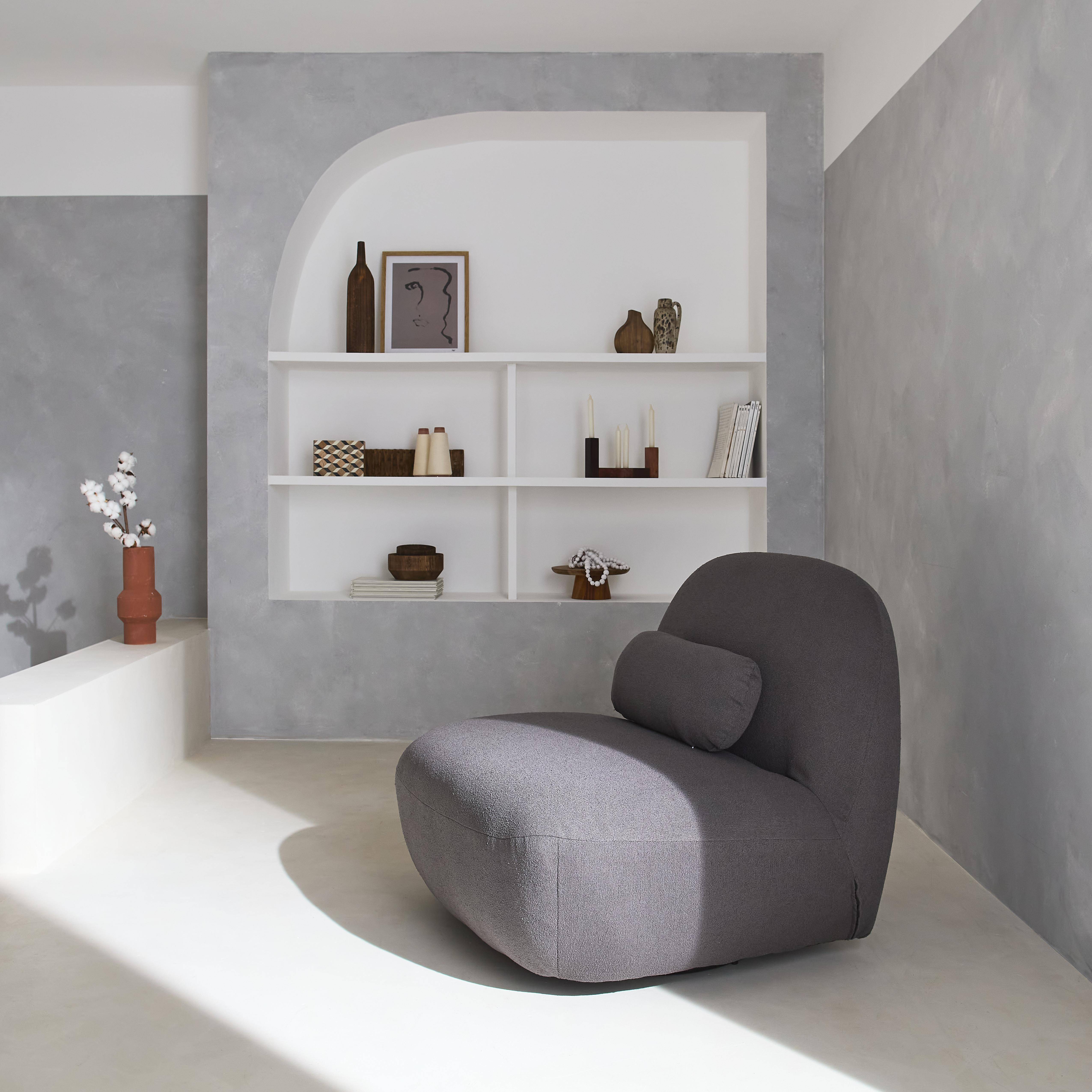 360° draaibare fauteuil in grijs boucléstof, matzwart metalen onderstel, Spino,sweeek,Photo1
