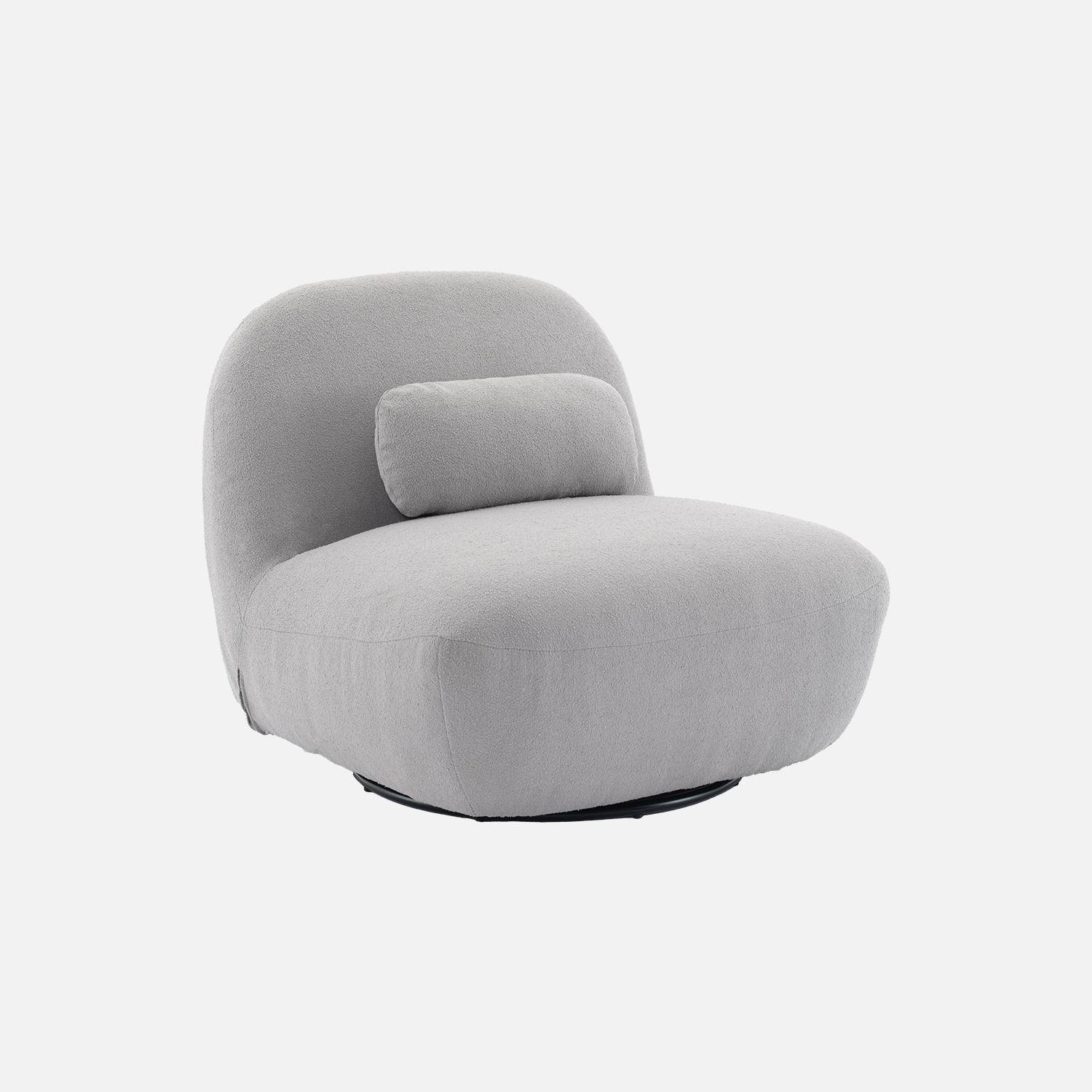 360° draaibare fauteuil in lichtgrijs boucléstof, matzwart metalen onderstel, Spino,sweeek,Photo4