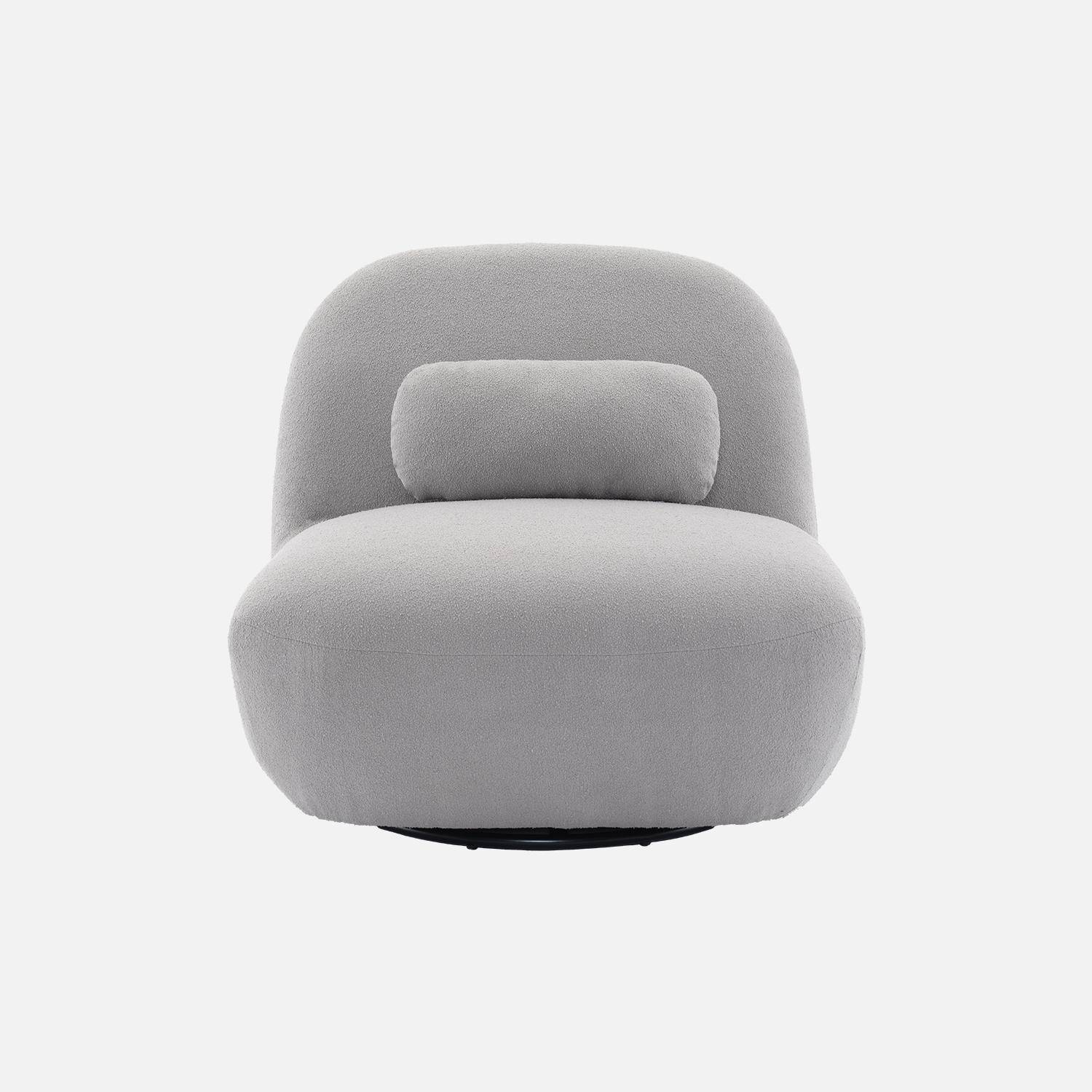 360° draaibare fauteuil in lichtgrijs boucléstof, matzwart metalen onderstel, Spino,sweeek,Photo5