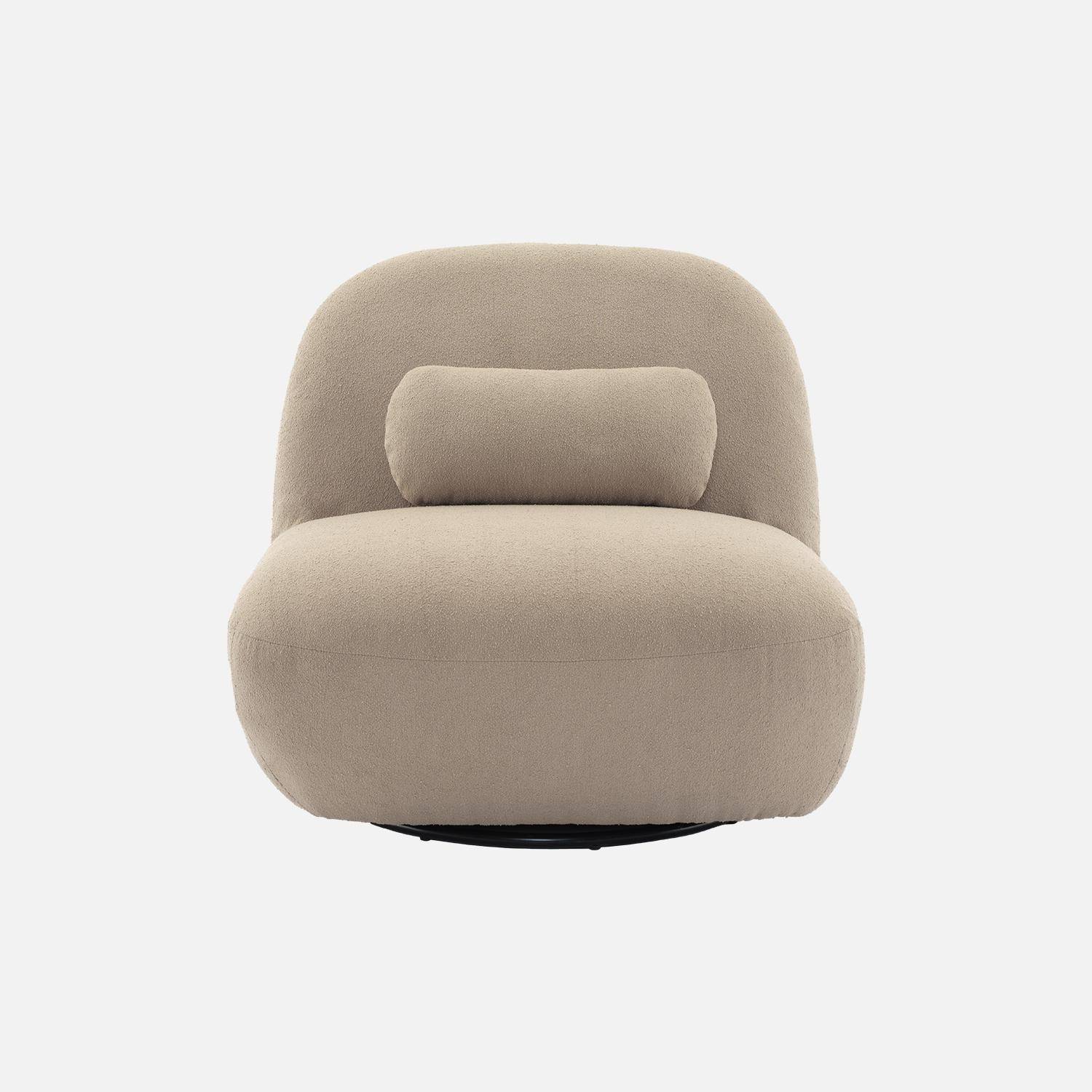 360° draaibare fauteuil in taupe boucléstof, matzwart metalen onderstel, Spino Photo5