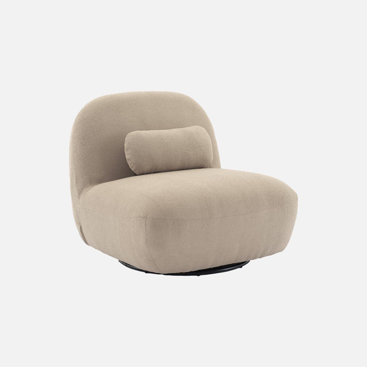 360° draaibare fauteuil in taupe boucléstof, matzwart metalen onderstel, Spino Photo4