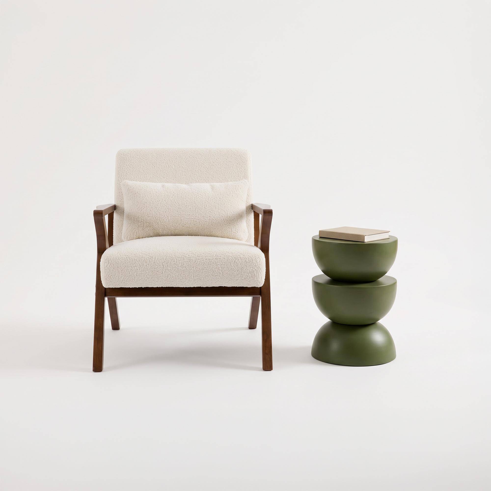 Scandinavische fauteuil met walnootkleurig hout en bouclé crème - Antoine Photo1