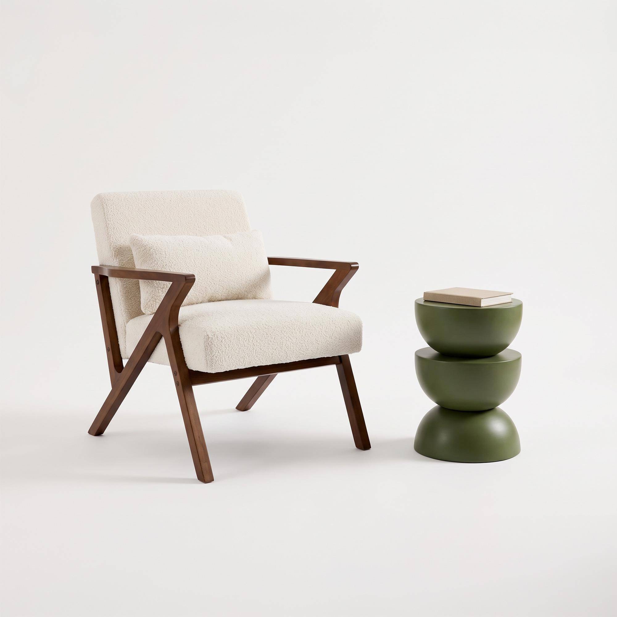 Scandinavische fauteuil met walnootkleurig hout en bouclé crème - Antoine,sweeek,Photo2