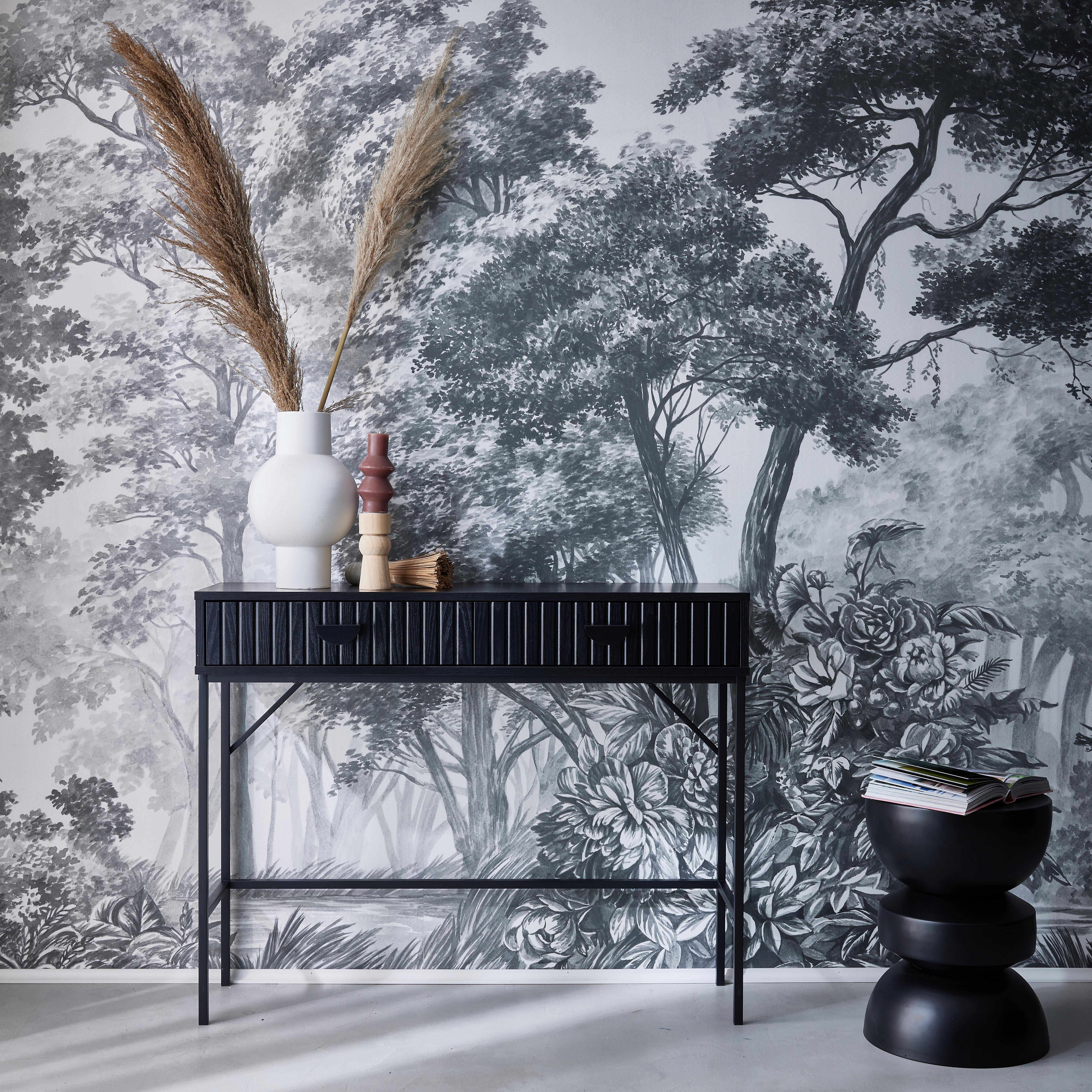 2-drawer console with black grooved wood effect, black metal legs, L100 xP29xH79.5cm Photo1