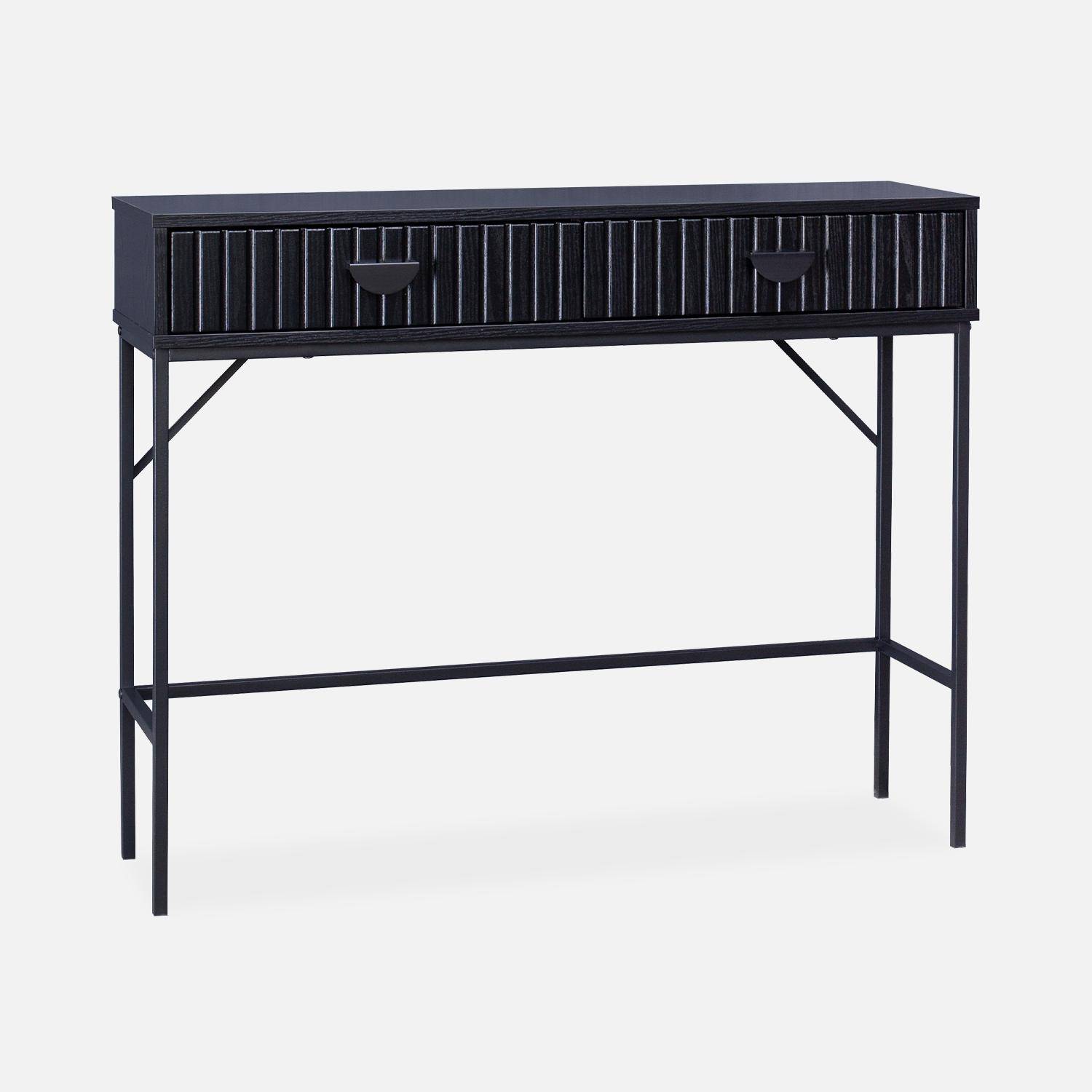 2-drawer console with black grooved wood effect, black metal legs, L100 xP29xH79.5cm Photo5
