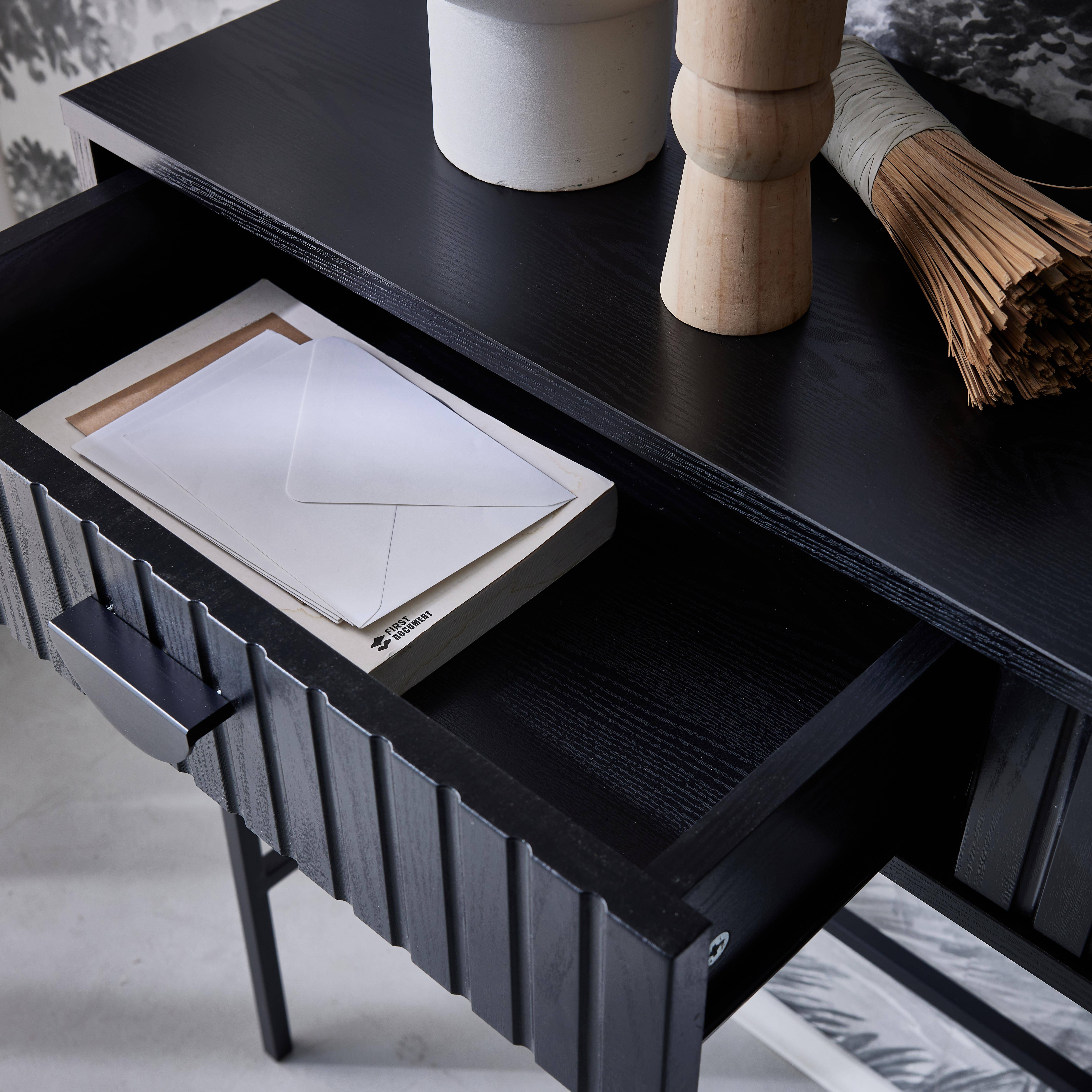 Console 2 tiroirs effet bois rainuré noir, pieds métal noir ,sweeek,Photo3