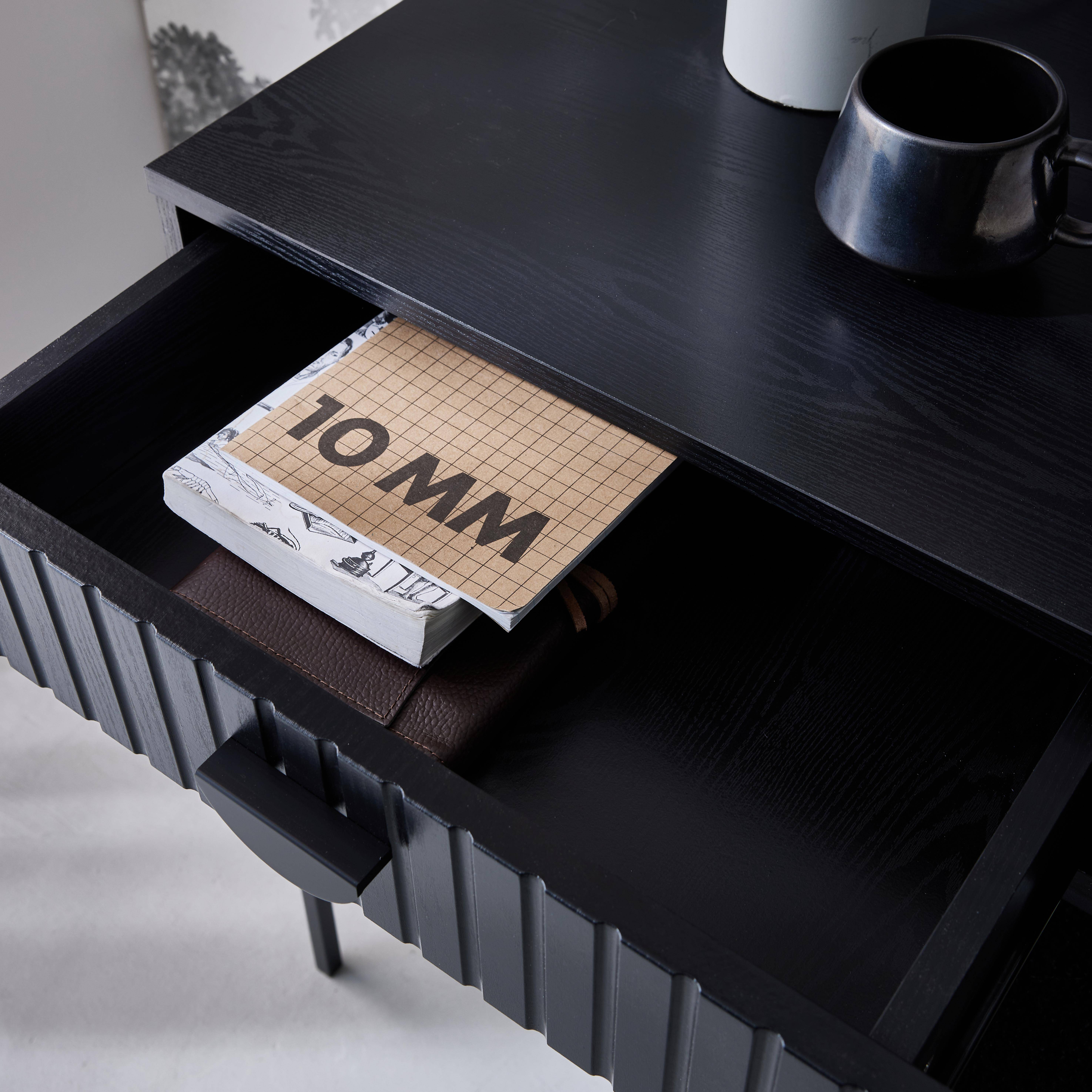 2-drawer desk, black grooved wood effect, matt black metal legs,sweeek,Photo4