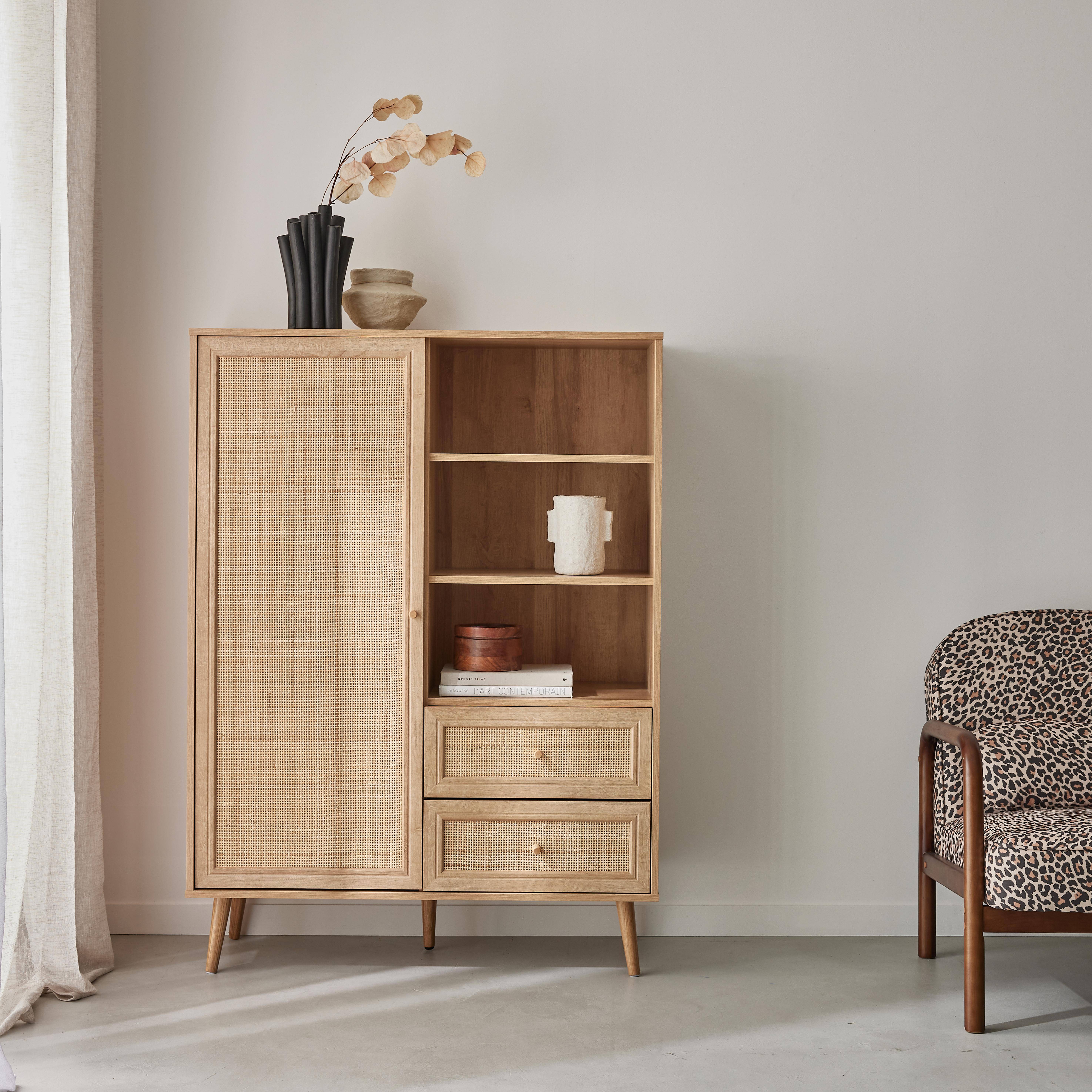 Highboard mit Rattan-Geflecht und Holzdekor 1 Tür, 2 Schubladen - Bohème