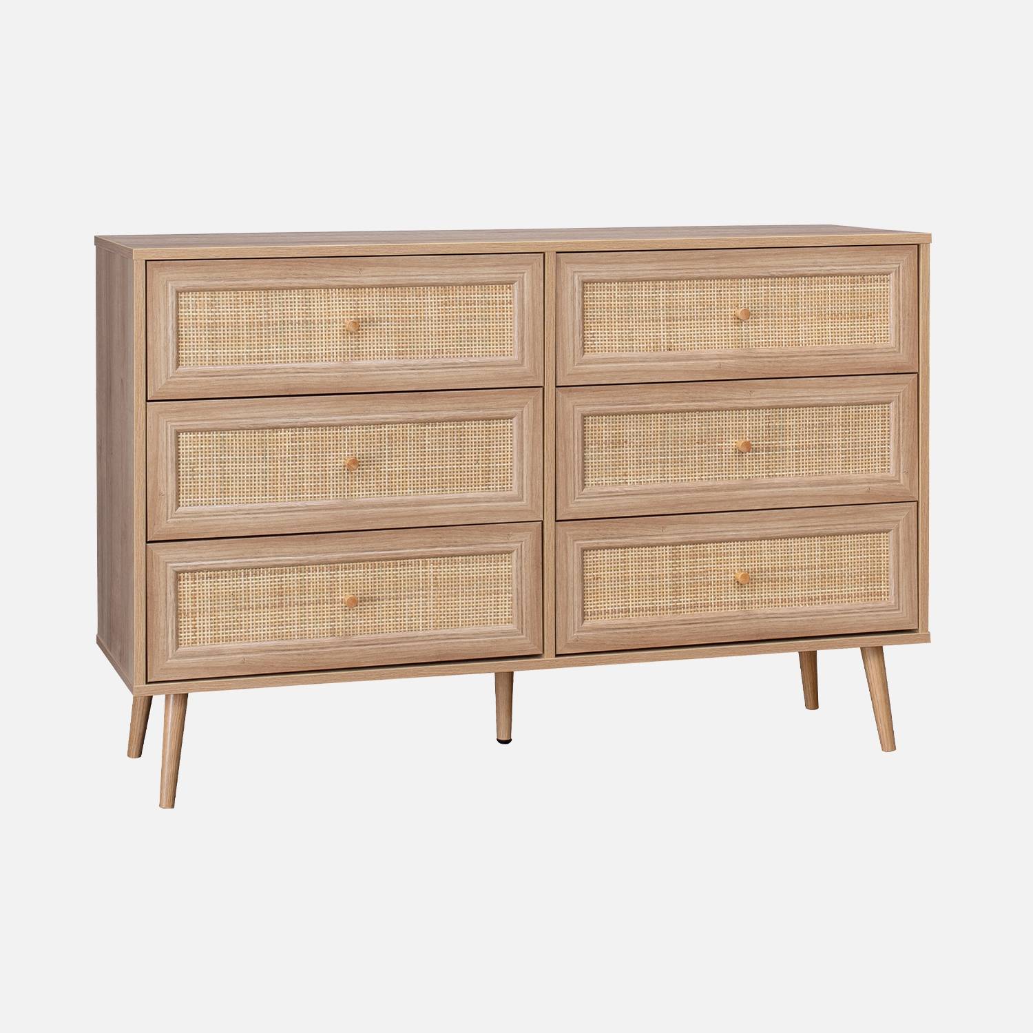 6-drawer chest with wood and cane effect, Natural