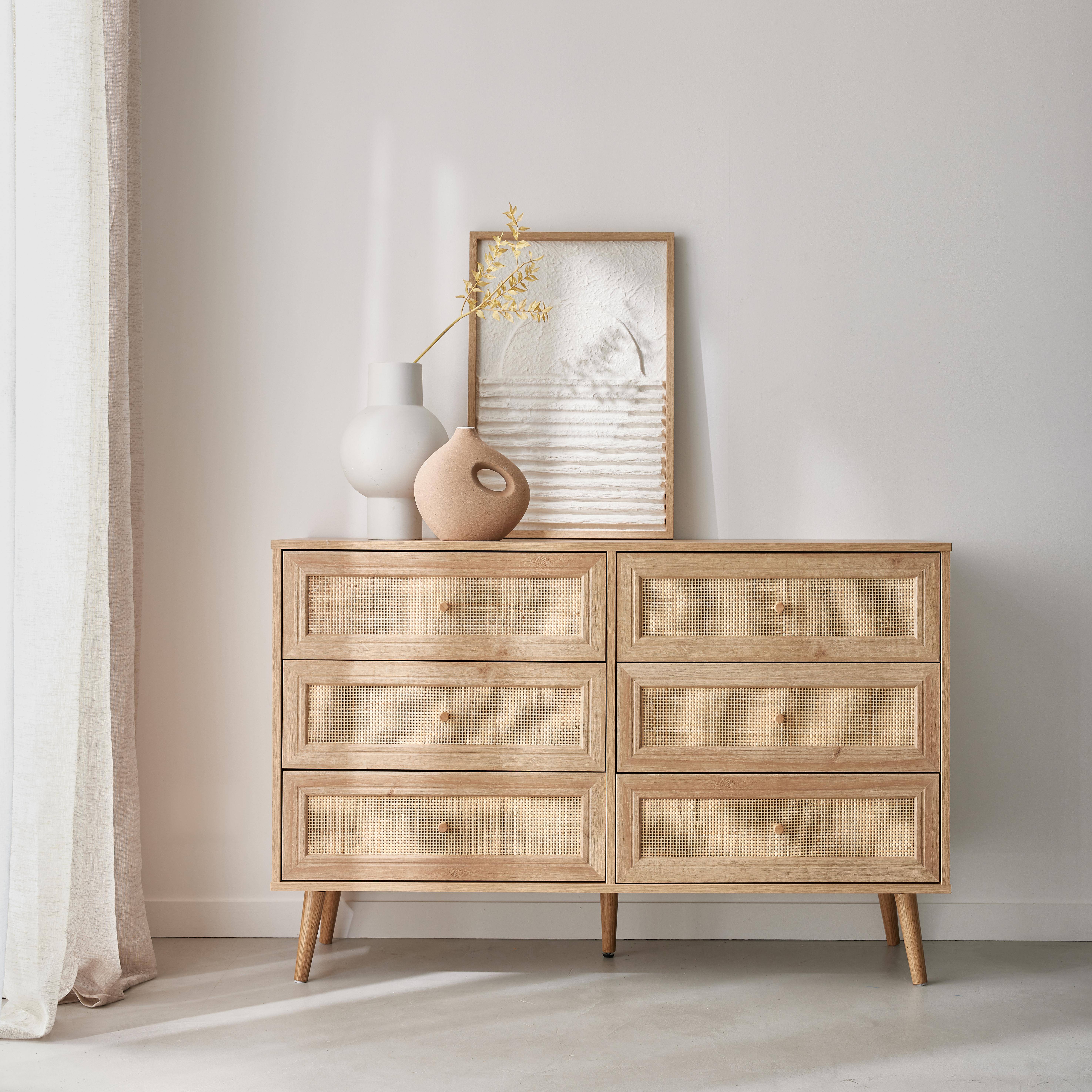 Bohemian 6-drawer wood and cane-effect chest of drawers - 120x39x79cm,sweeek,Photo1