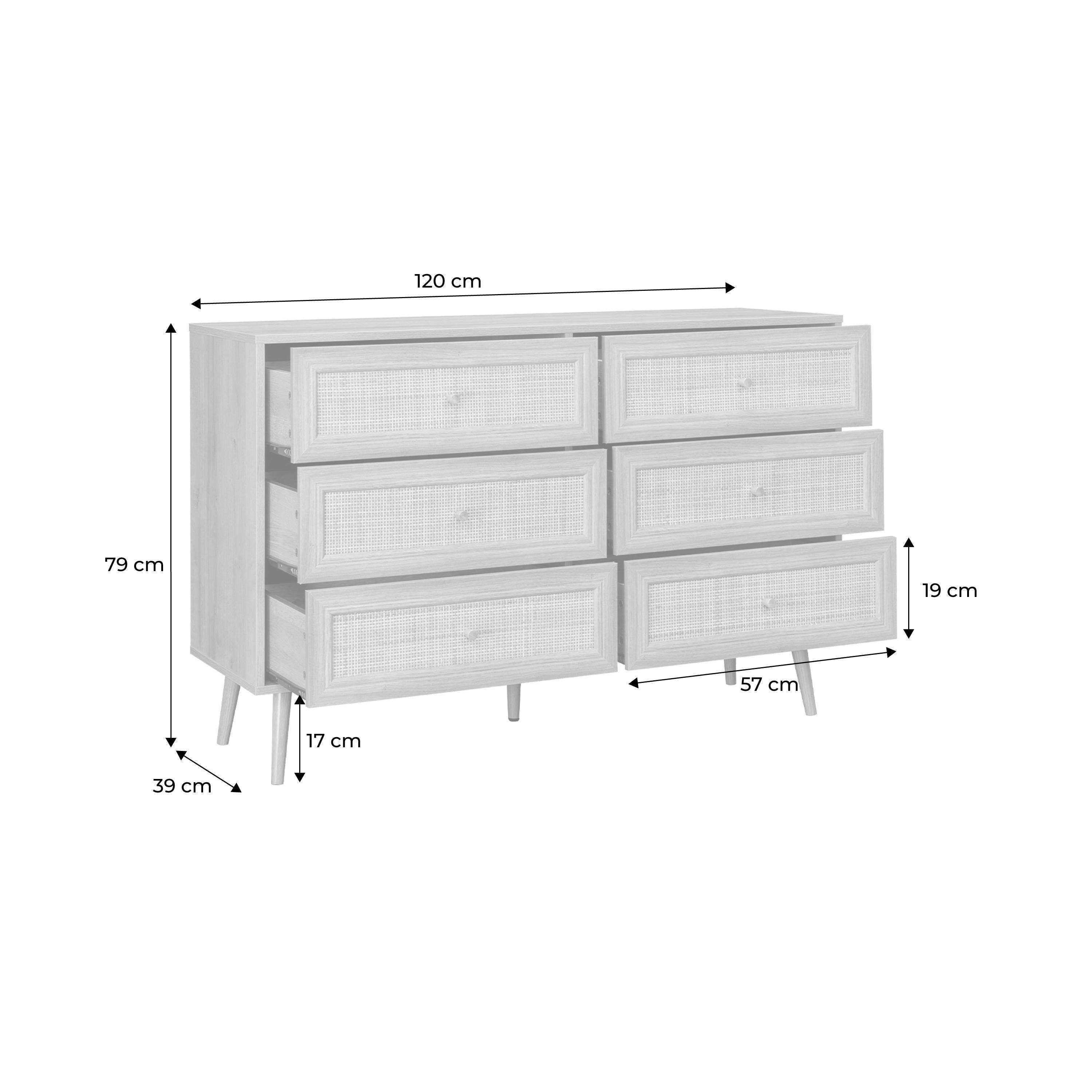 Commode 6 Tiroirs Effet Bois Et Cannage - Style Bohème Rétro - Dimensions 120x39x79 Cm - Pieds Compas - Couleur Naturelle - 12