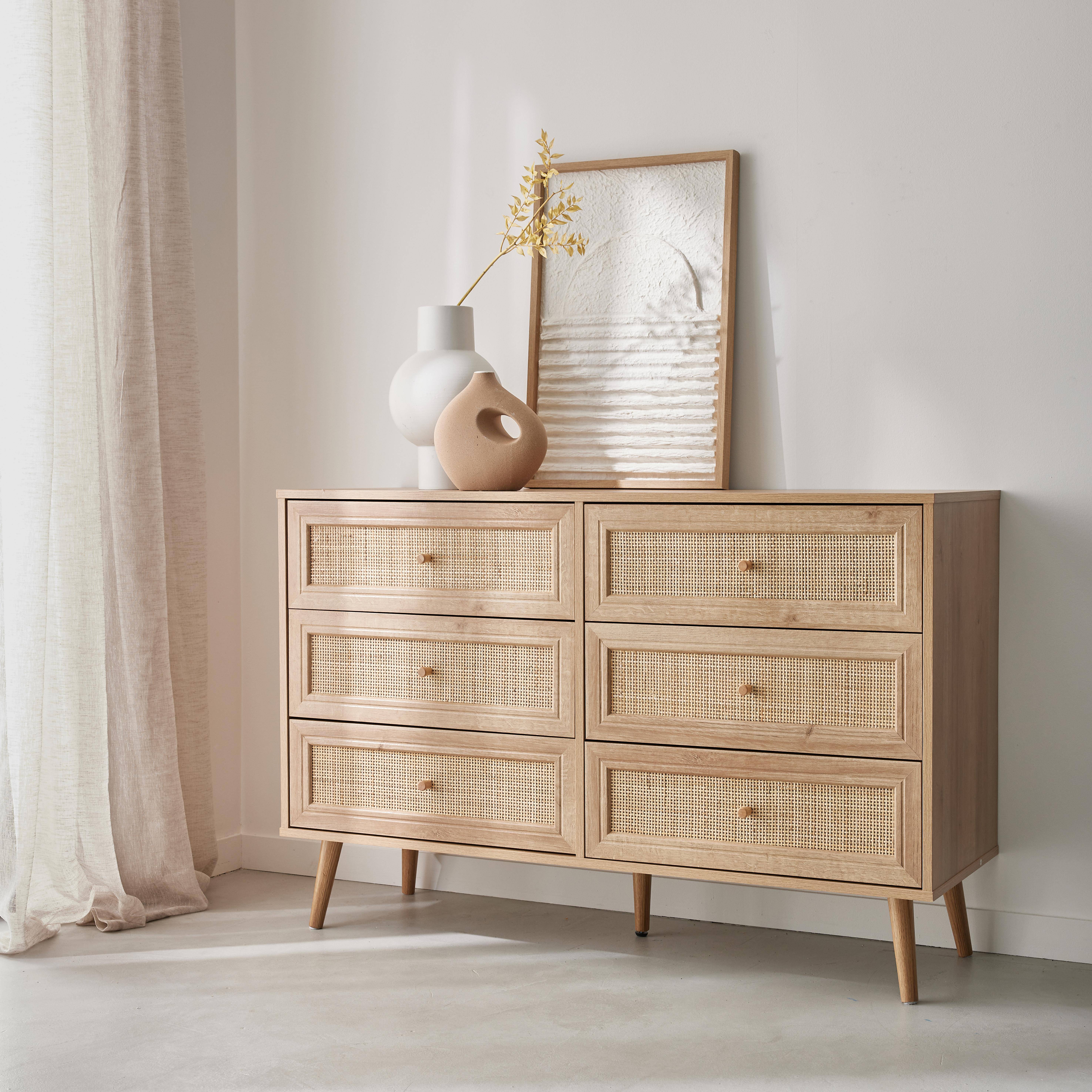 Bohemian 6-drawer wood and cane-effect chest of drawers - 120x39x79cm Photo2
